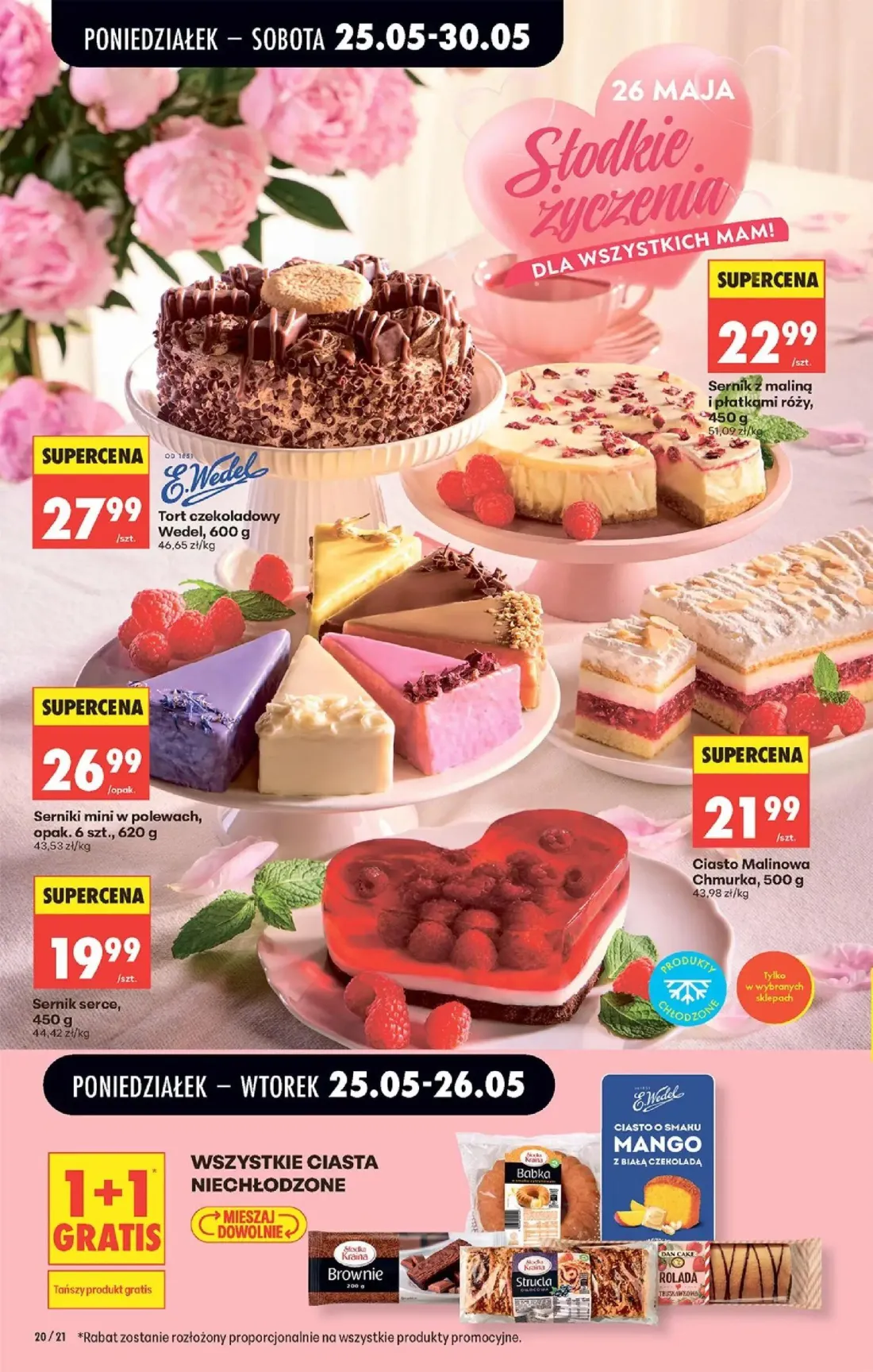 Biedronka gazetka, strona 22 z 92 — Tort czekoladowy Wedel, Sernik z maliną i płatkami róży, Serniki mini w polewach