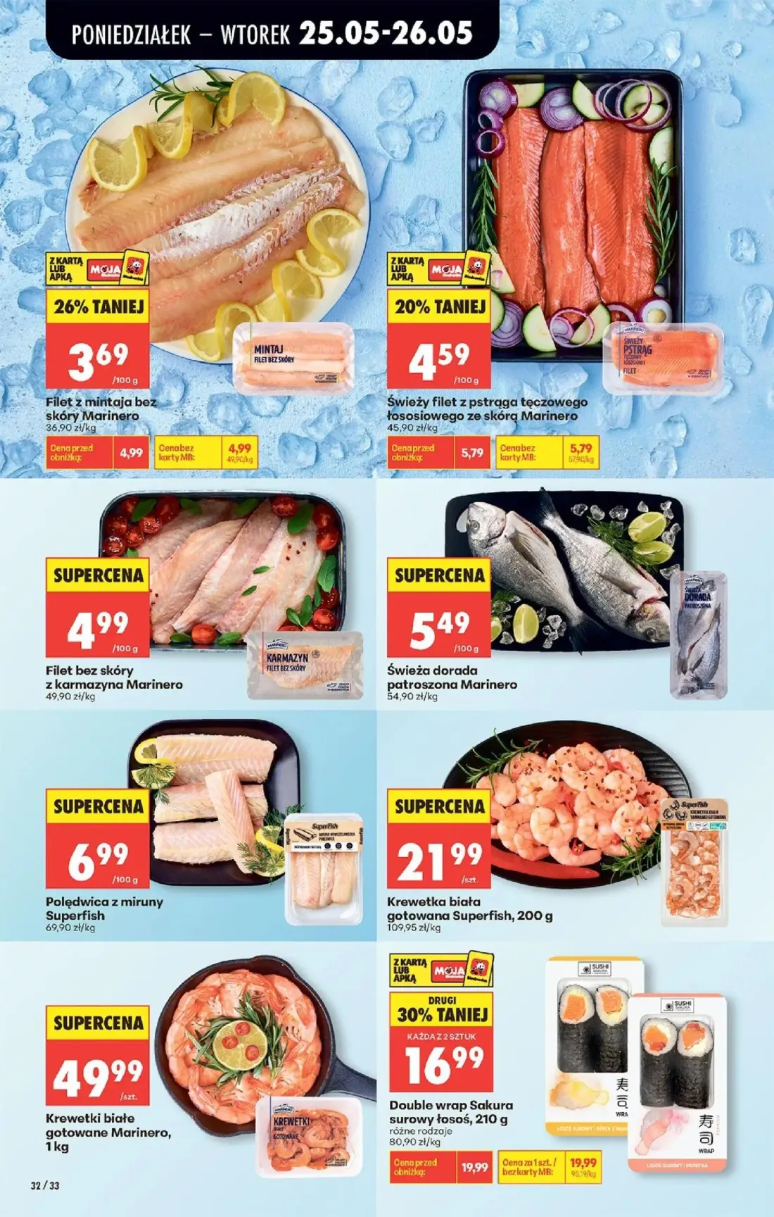 Biedronka gazetka, strona 34 z 92 — Double wrap Sakura surowy łosoś, różne rodzaje, Filet z mintaja bez skóry Marinero, Świe…
