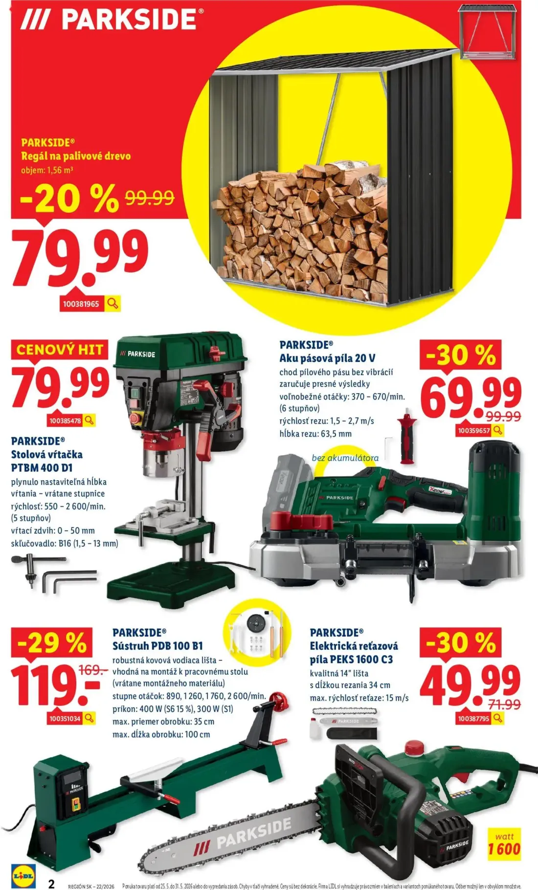 Lidl leták, strana 2 z 8 — Sústruh PDB 100 B1, Aku pásová píla 20 V, Elektrická reťazová píla PEKS 1600 C3