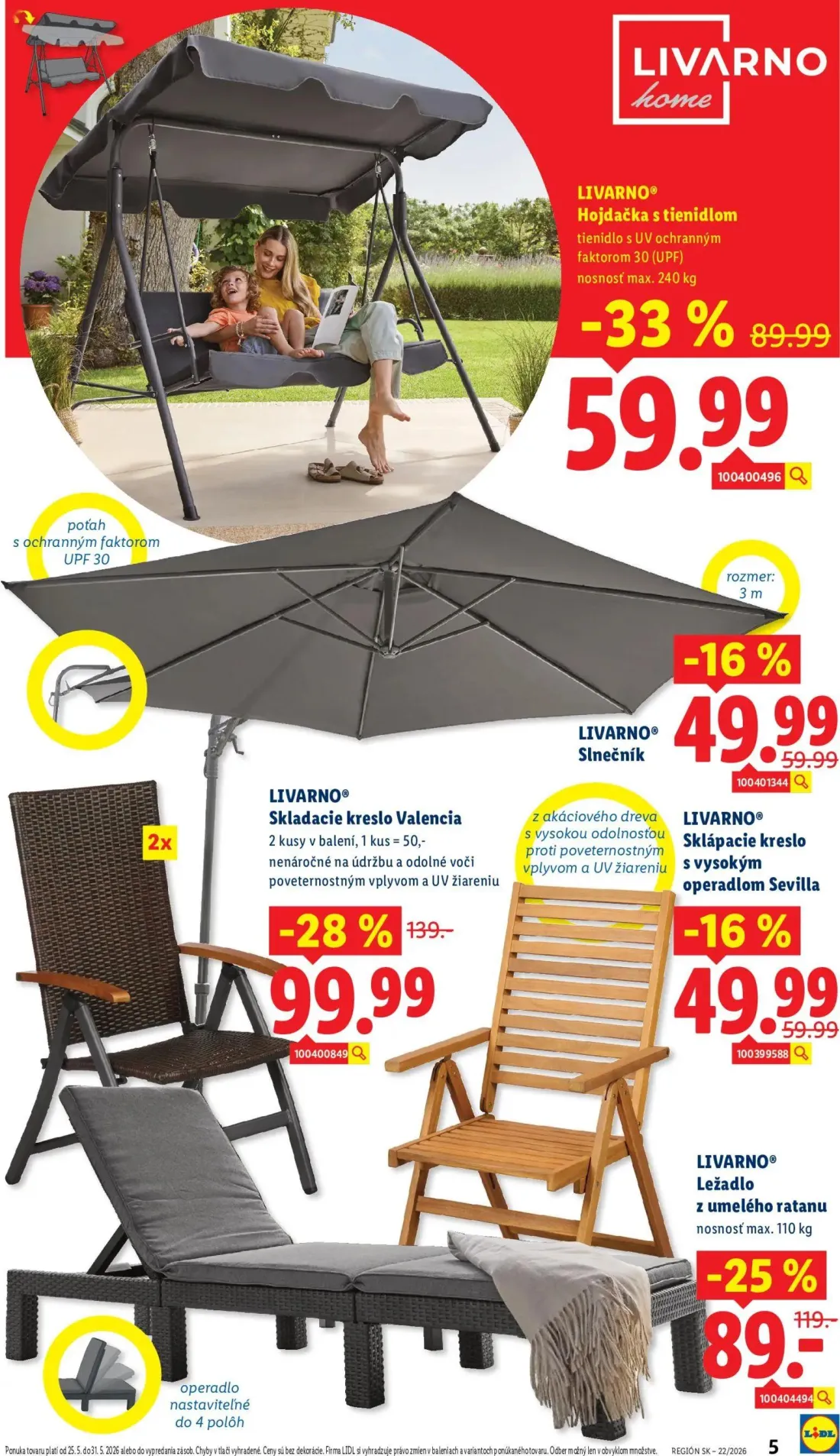 Lidl leták, strana 5 z 8 — Skladacie kreslo Valencia, Hojdačka s tienidlom, Ležadlo z umelého ratanu