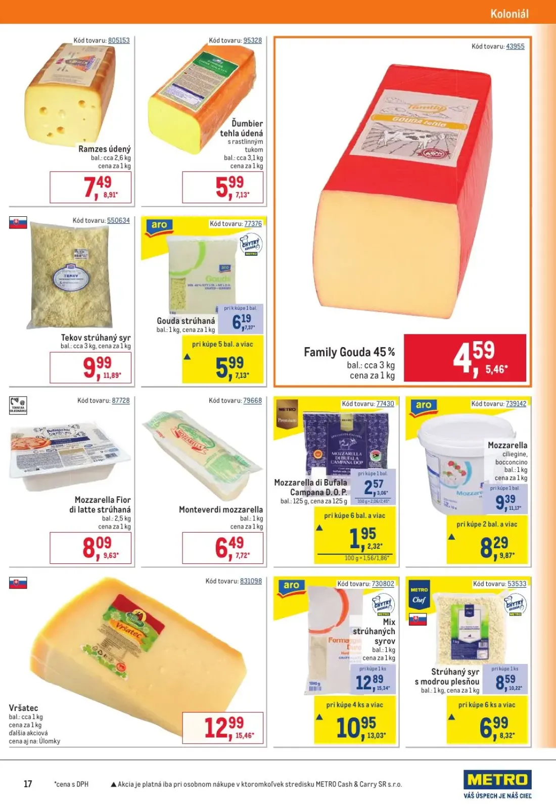 Metro leták, strana 17 z 32 — Mix strúhaných syrov, Strúhaný syr s modrou plesňou, Mozzarella ciliegine, bocconcino