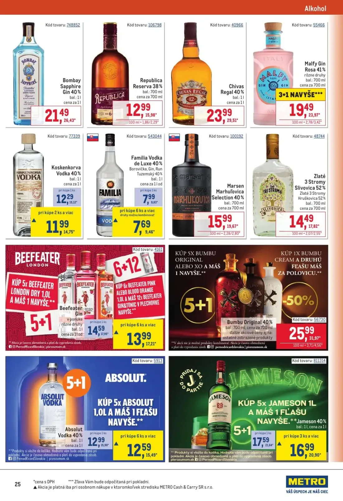 Metro leták, strana 25 z 32 — Bumbu Original 40%, Chivas Regal 40%, Bombay Sapphire Gin 40%