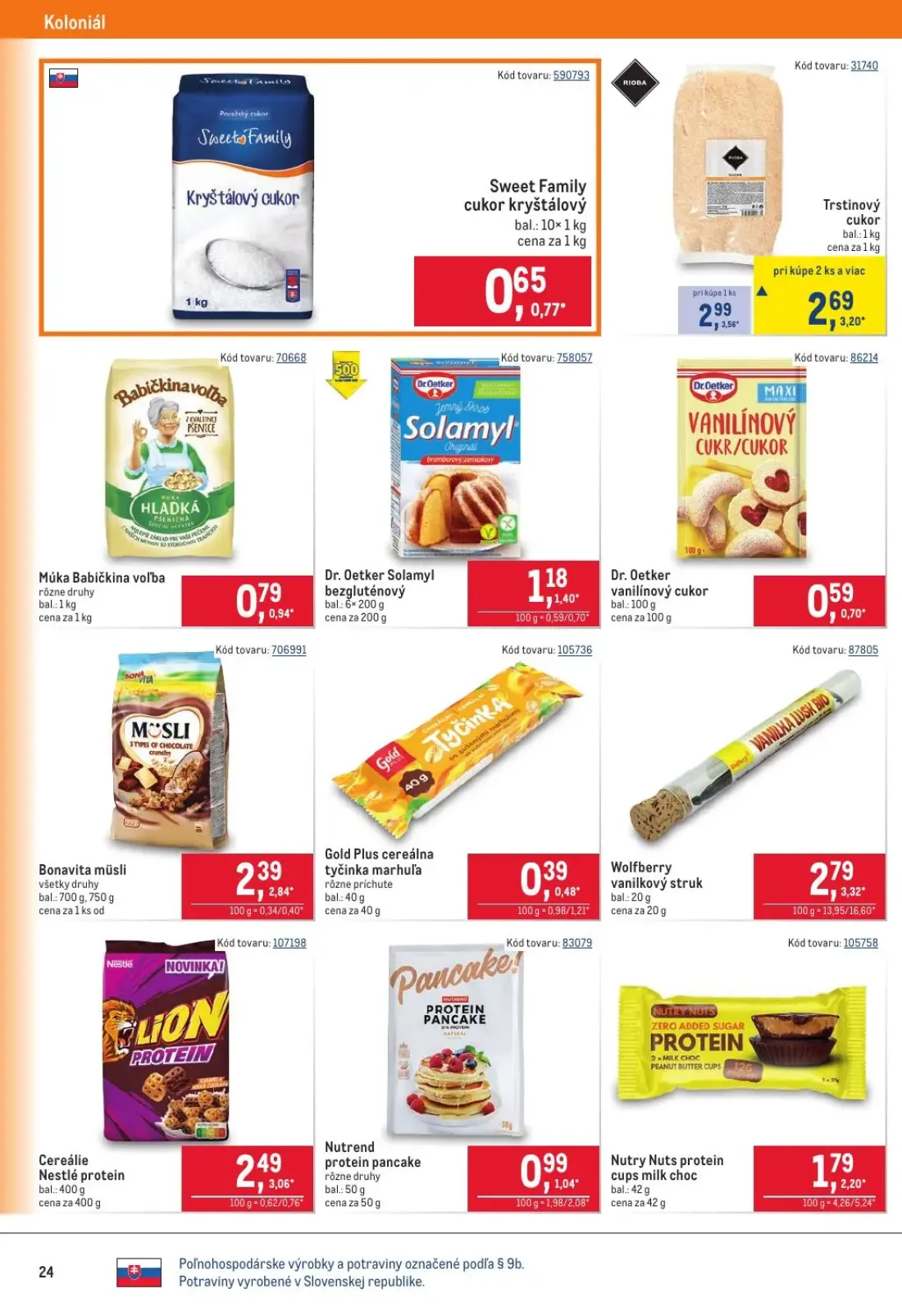 Metro leták, strana 24 z 40 — Trstinový cukor, Dr. Oetker Solamyl bezgluténový, Múka Babičkina voľba