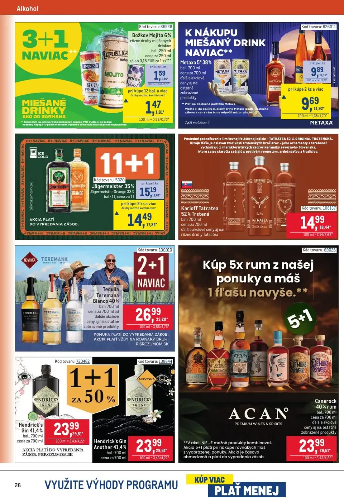 Metro leták, strana 26 z 32 — Tequila Teremana Blanco 40%, Hendrick's Gin 41,4%, Hendrick's Gin Another 41,4%