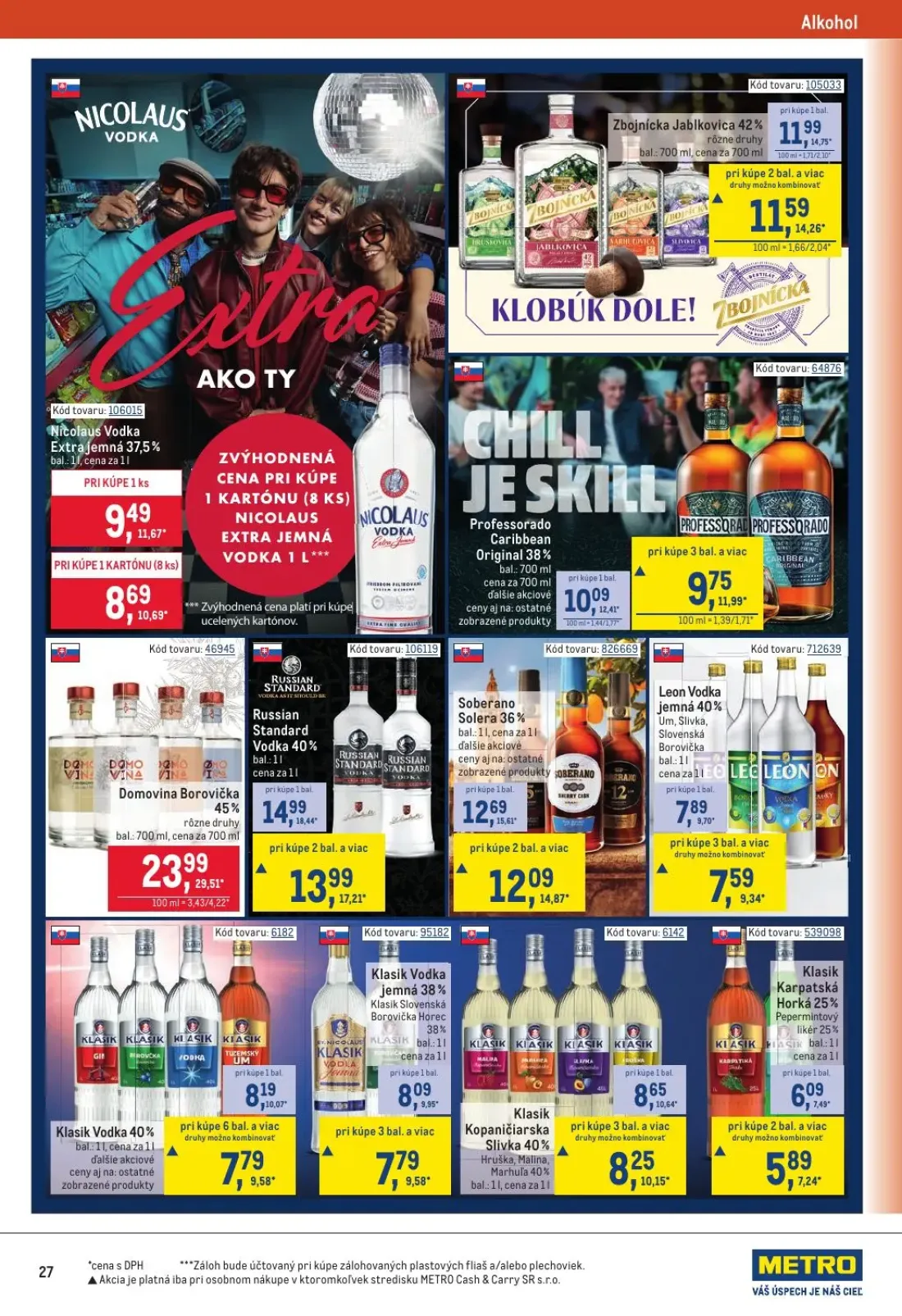 Metro leták, strana 27 z 32 — Domovina Borovička 45%, Russian Standard Vodka 40%, Soberano Solera 36%