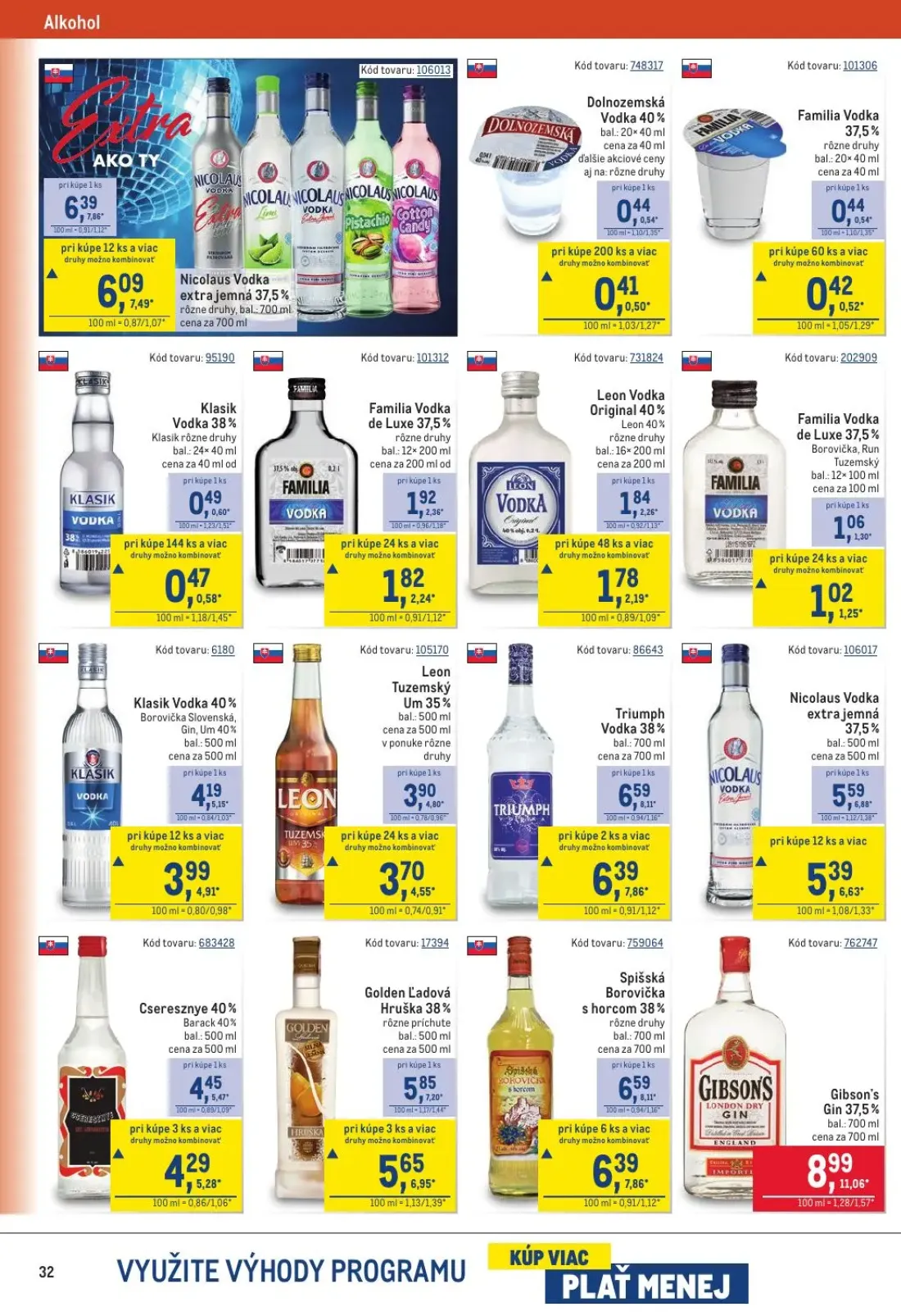 Metro leták, strana 32 z 40 — Gibson's Gin 37,5%, Nicolaus Vodka extra jemná 37,5%, Triumph Vodka 38%