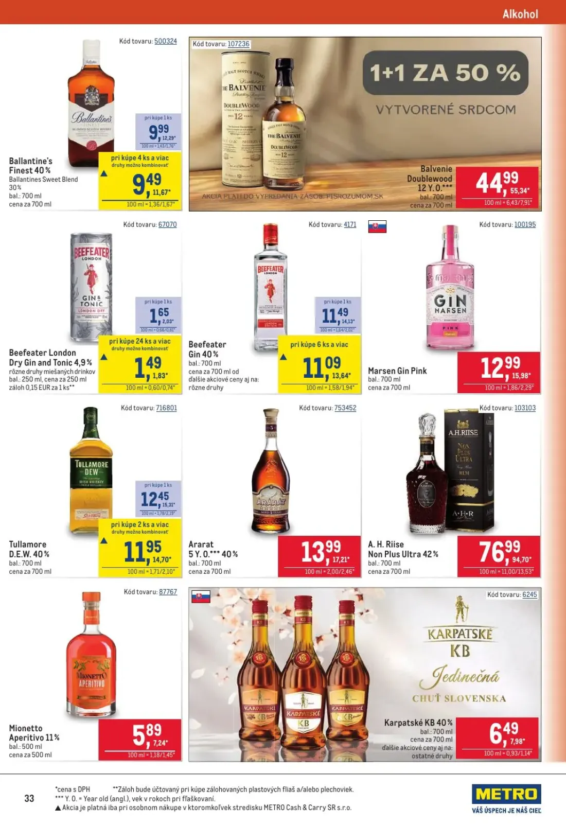 Metro leták, strana 33 z 40 — Ballantine's Finest 40%, Tullamore D.E.W. 40%, Beefeater Gin 40%