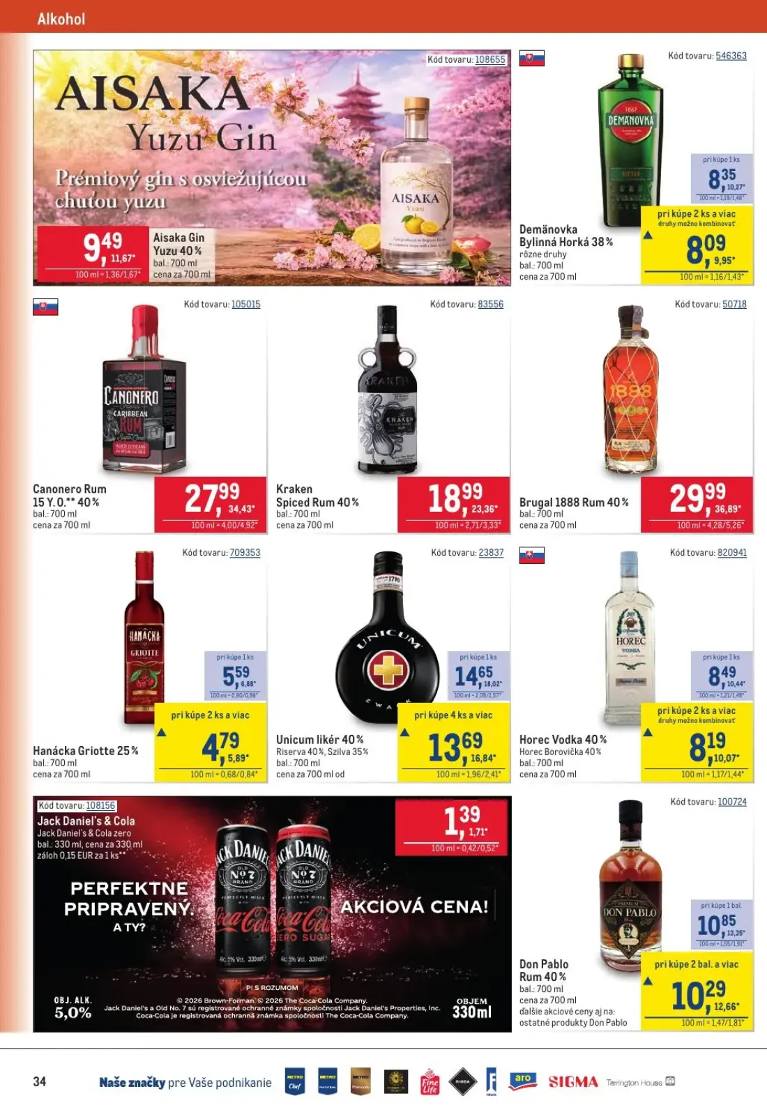 Metro leták, strana 34 z 40 — Unicum likér, Hanácka Griotte, Don Pablo Rum