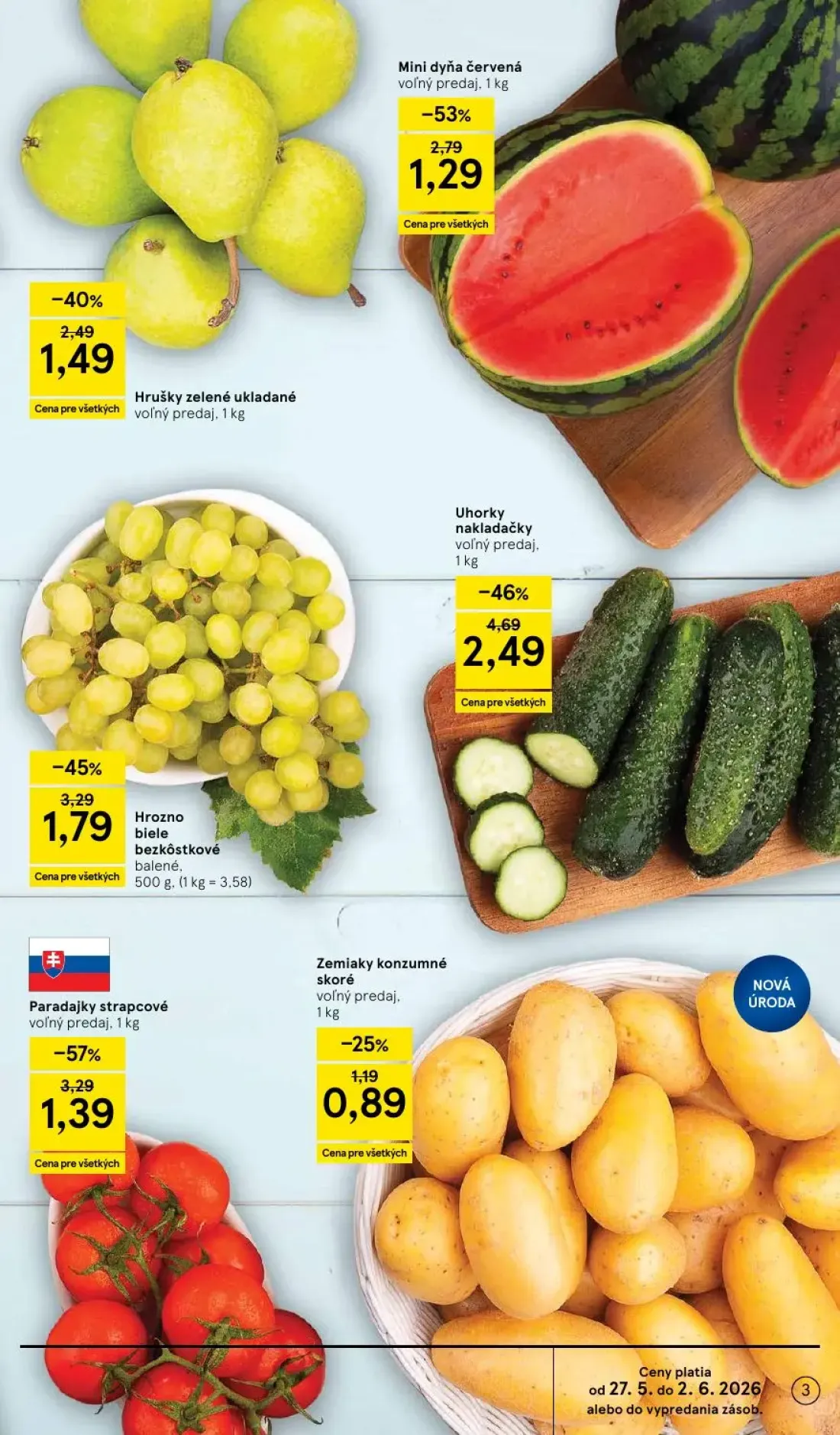 Tesco Supermarket leták, strana 3 z 30 — Uhorky nakladačky, Paradajky strapcové, Mini dyňa červená