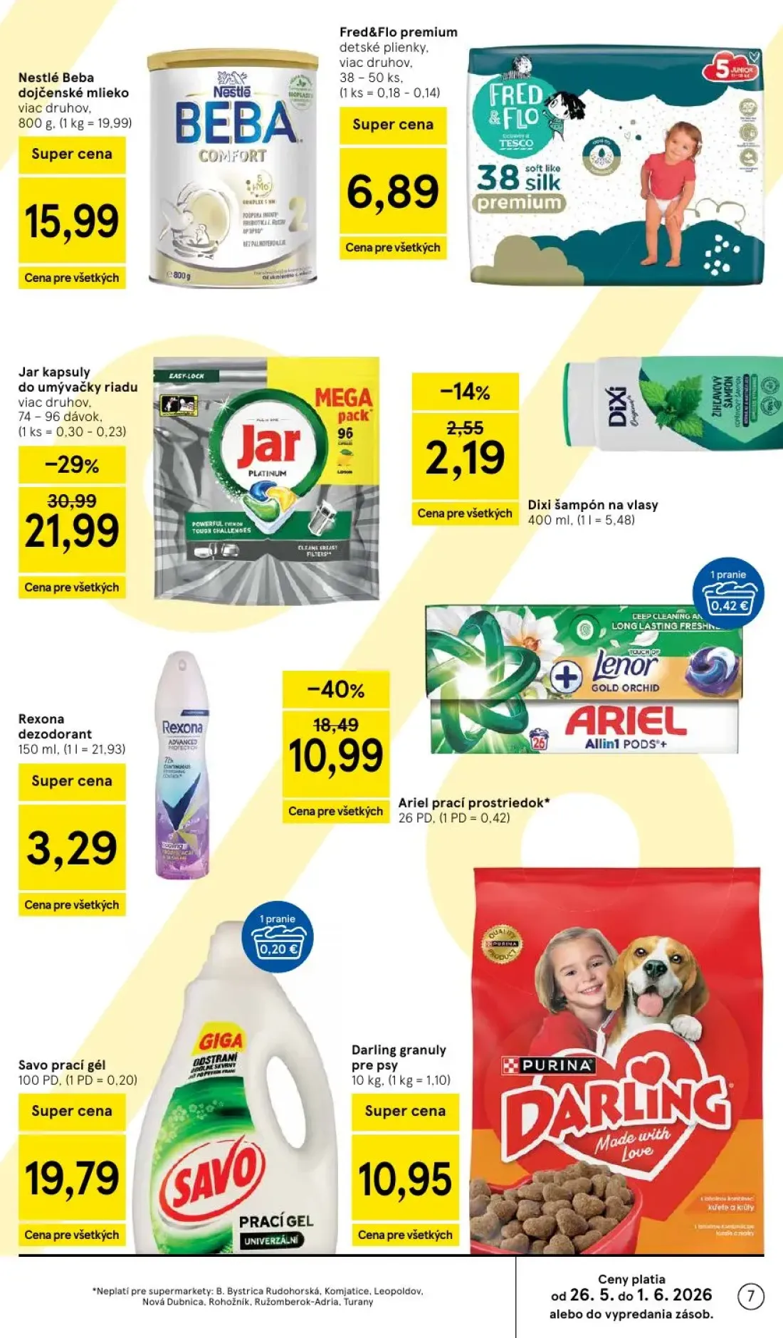 Tesco Supermarket leták, strana 7 z 30 — Jar kapsuly do umývačky riadu, Ariel prací prostriedok, Nestlé Beba dojčenské mlieko