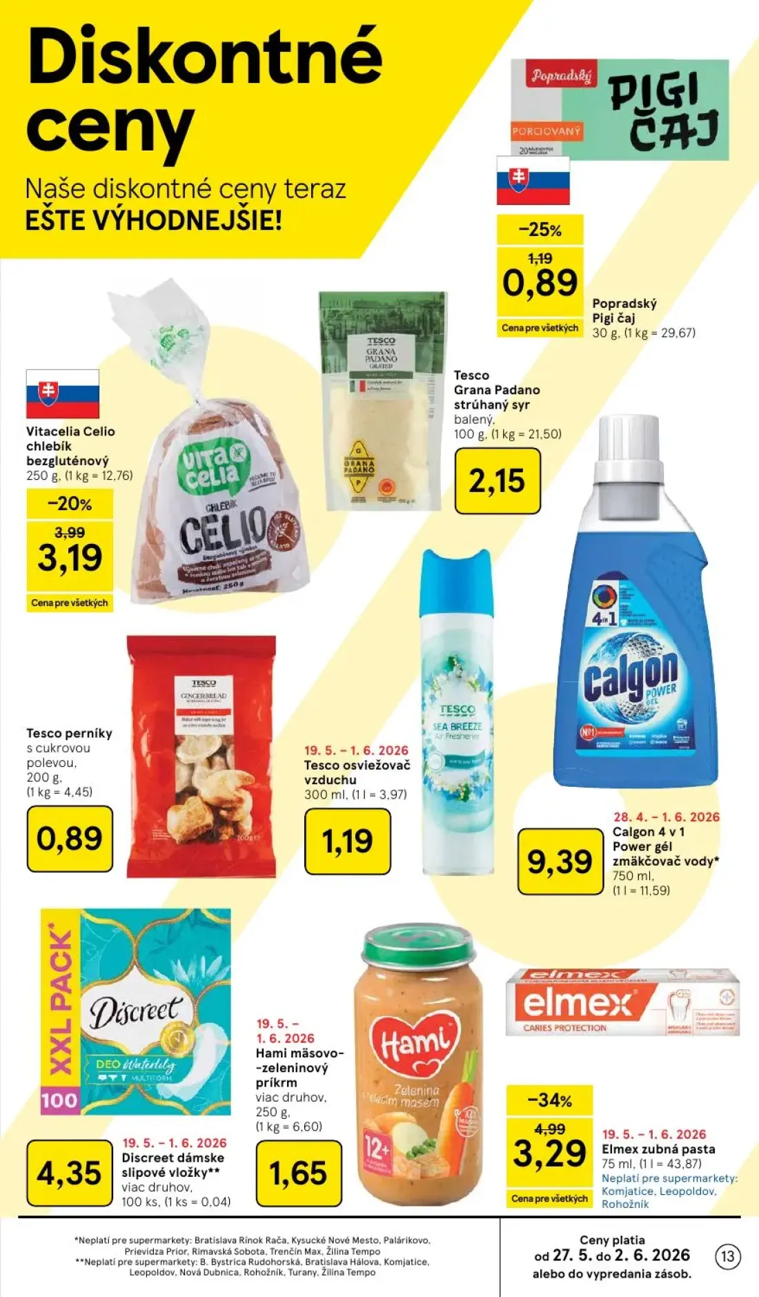 Tesco Supermarket leták, strana 13 z 30 — Vitacelia Celio chlebík bezgluténový, Tesco osviežovač vzduchu, Calgon 4 v 1 Power…