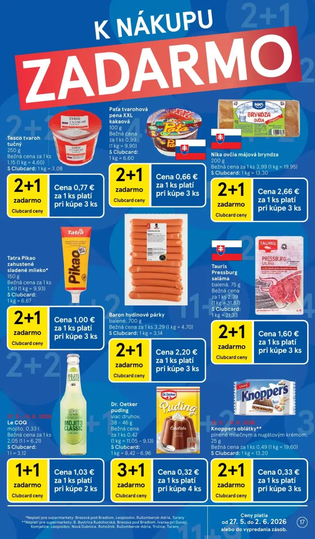 Tesco Supermarket leták, strana 17 z 30 — Baron hydinové párky balené, Tauris Pressburg saláma balená, Tesco tvaroh tučný