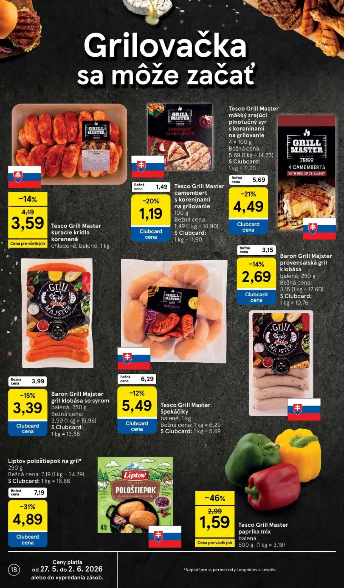 Tesco Supermarket leták, strana 18 z 30 — Liptov pološtiepok na gril, Tesco Grill Master paprika mix, Tesco Grill Master mäk…