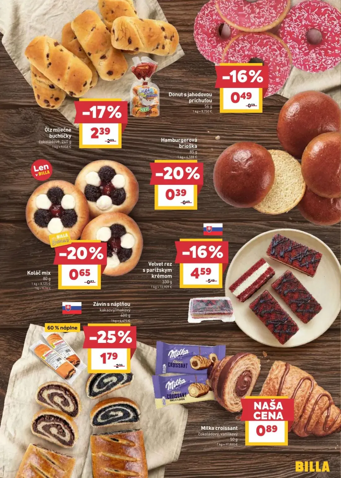 Billa leták, strana 7 z 29 — Ölz mliečne buchtičky čokoládové, Donut s jahodovou príchuťou, Hamburgerová brioška