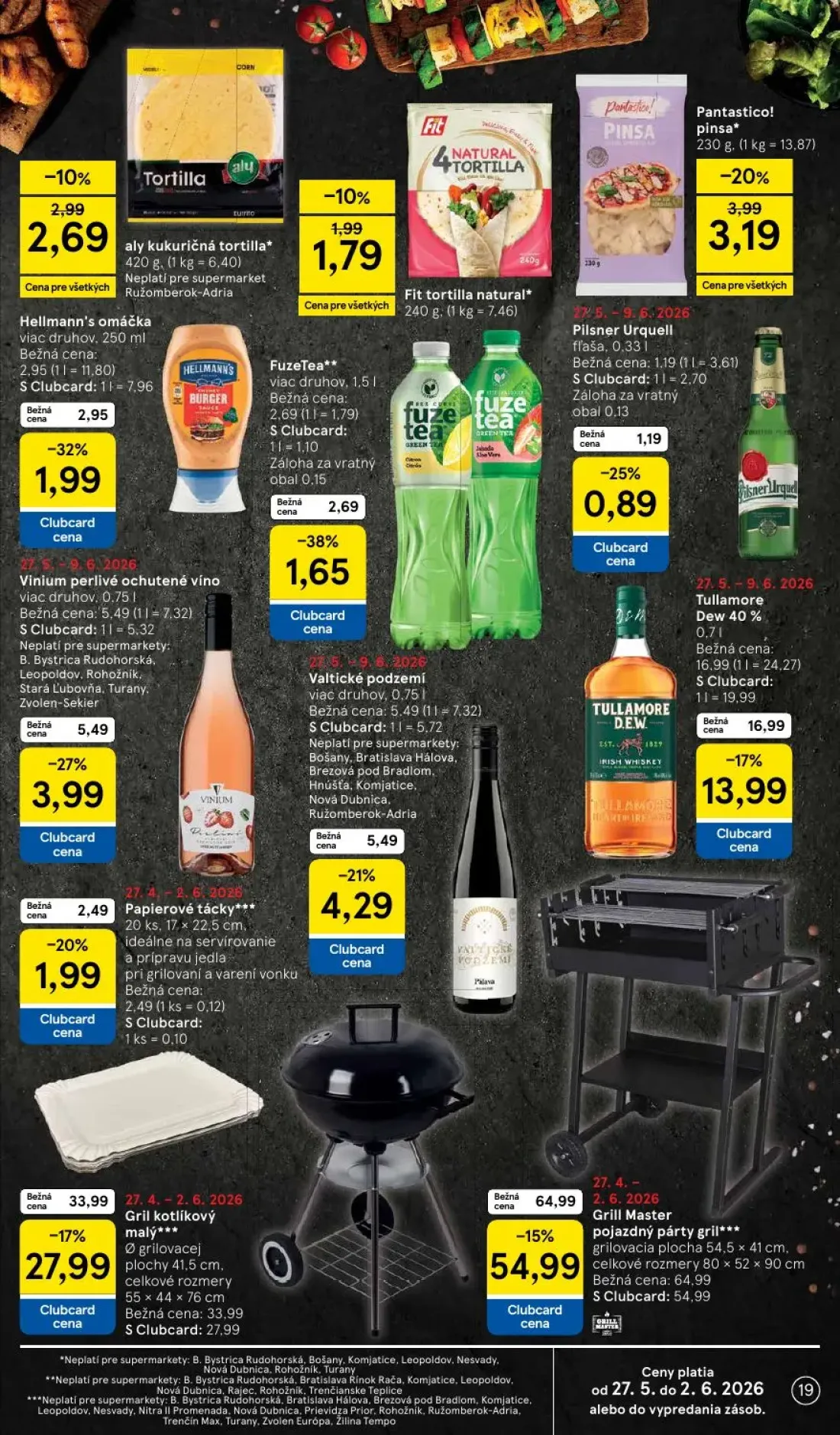 Tesco Supermarket leták, strana 19 z 30 — Grill Master pojazdný párty gril, Gril kotlíkový malý, Hellmann's omáčka
