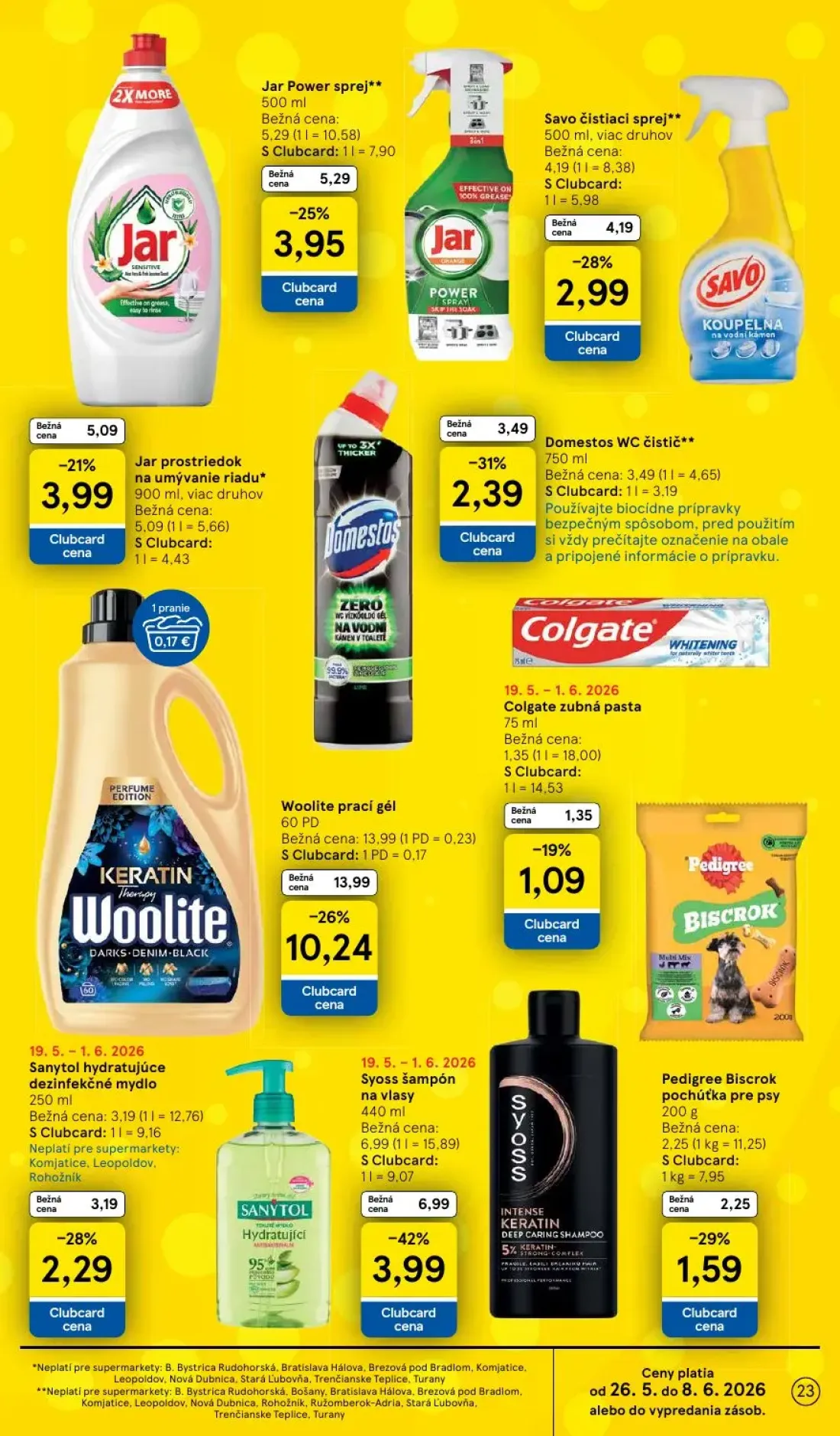 Tesco Supermarket leták, strana 23 z 30 — Woolite prací gél, Jar Power sprej, Savo čistiaci sprej
