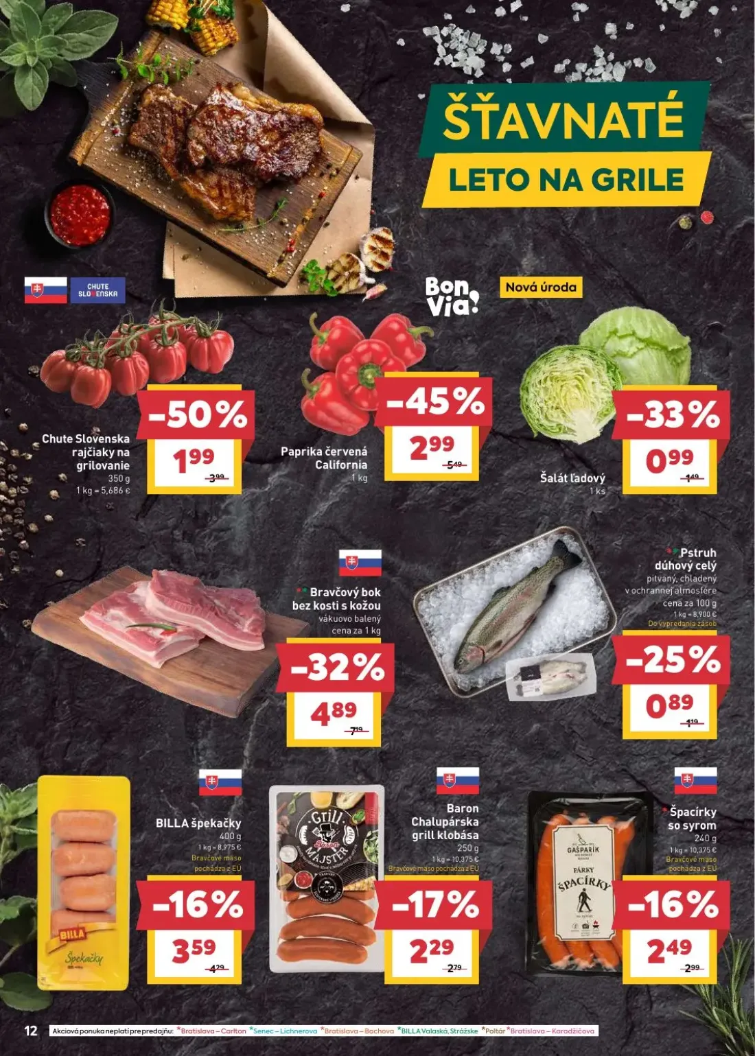 Billa leták, strana 12 z 29 — Chute Slovenska rajčiaky na grilovanie, BILLA špekačky, Baron Chalupárska grill klobása