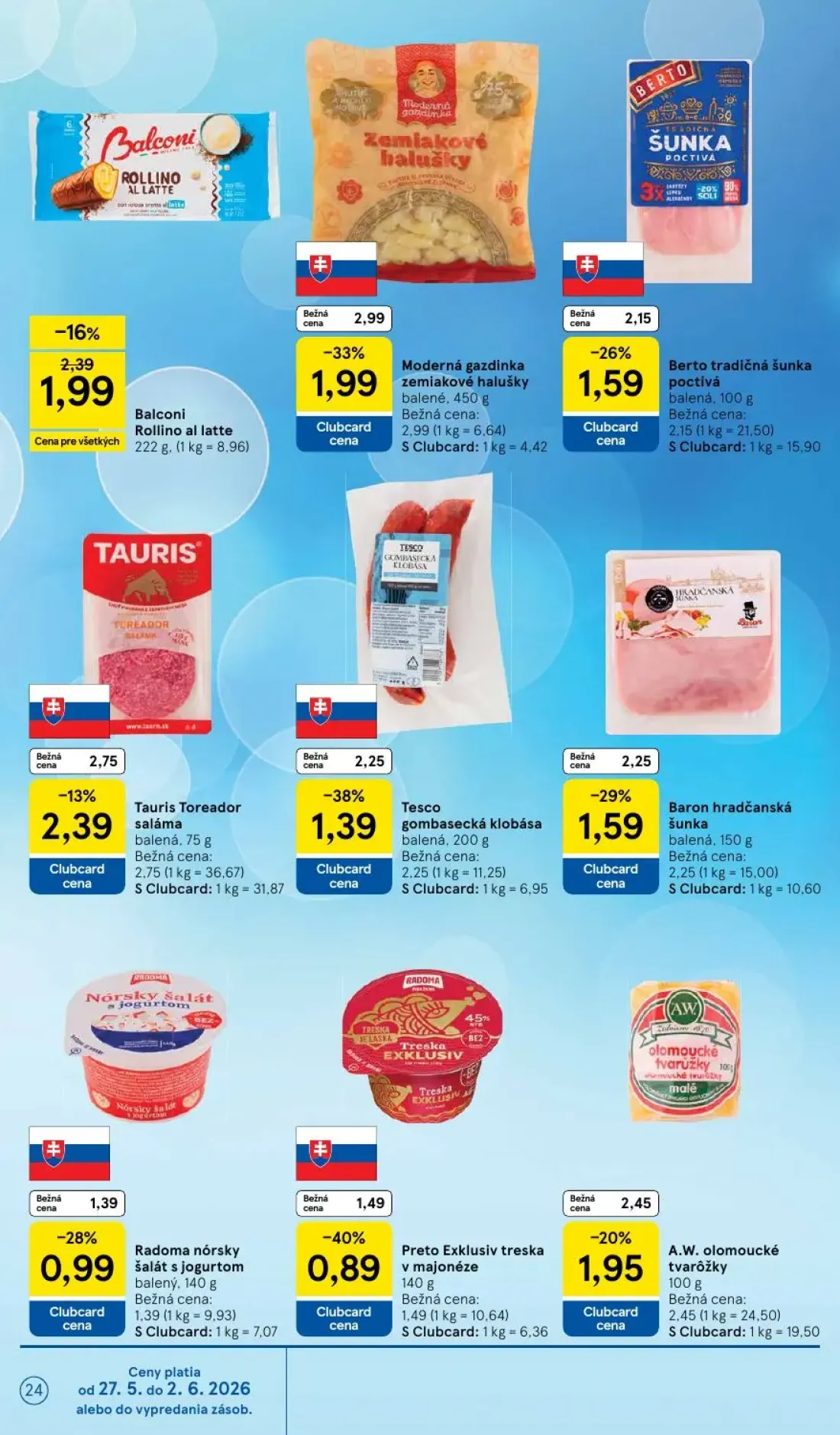 Tesco Supermarket leták, strana 24 z 30 — Tesco gombasecká klobása, Baron hradčanská šunka, Berto tradičná šunka poctivá