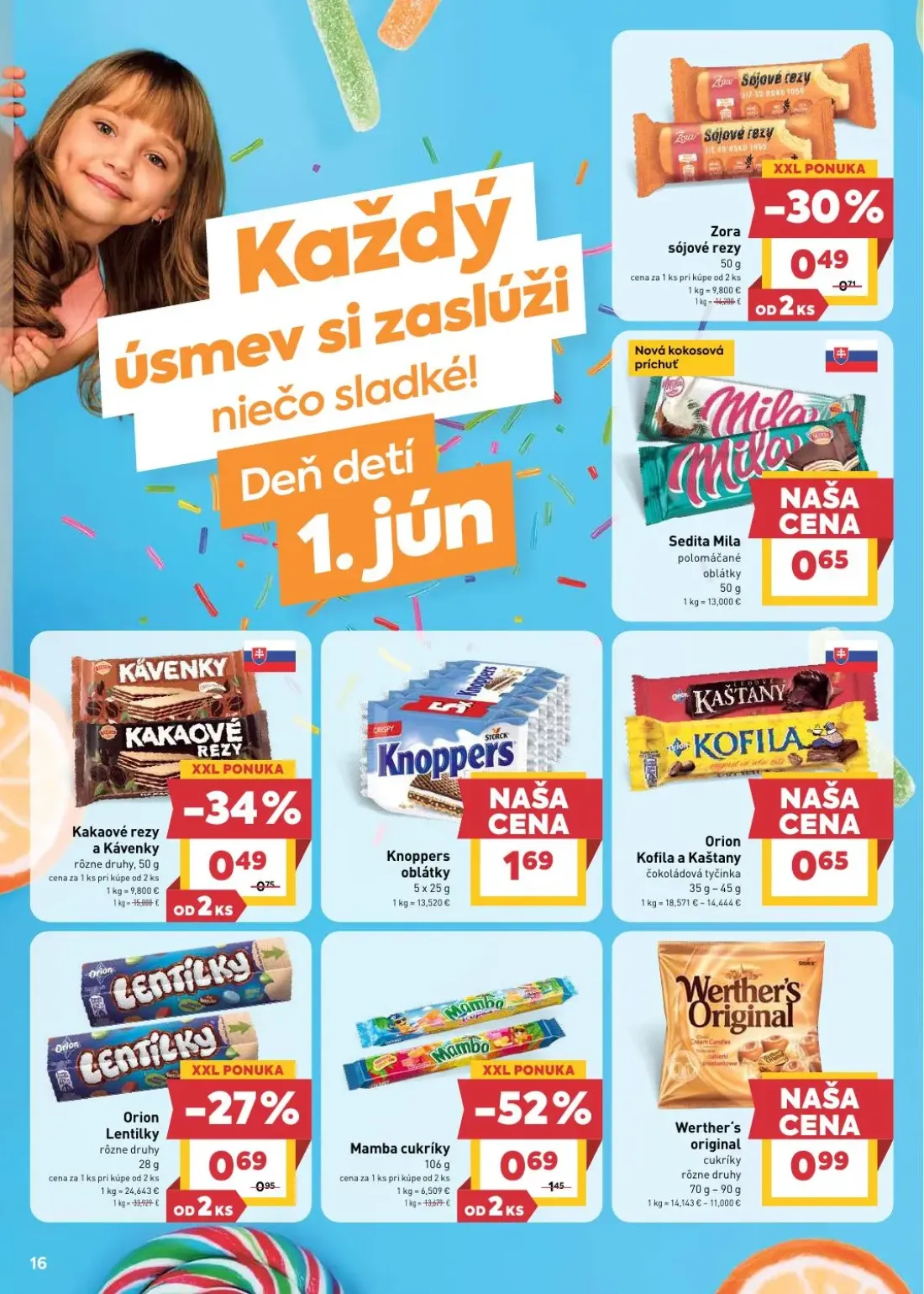 Billa leták, strana 16 z 29 — Mamba cukríky, Kakaové rezy a Kávenky, Orion Lentilky rôzne druhy
