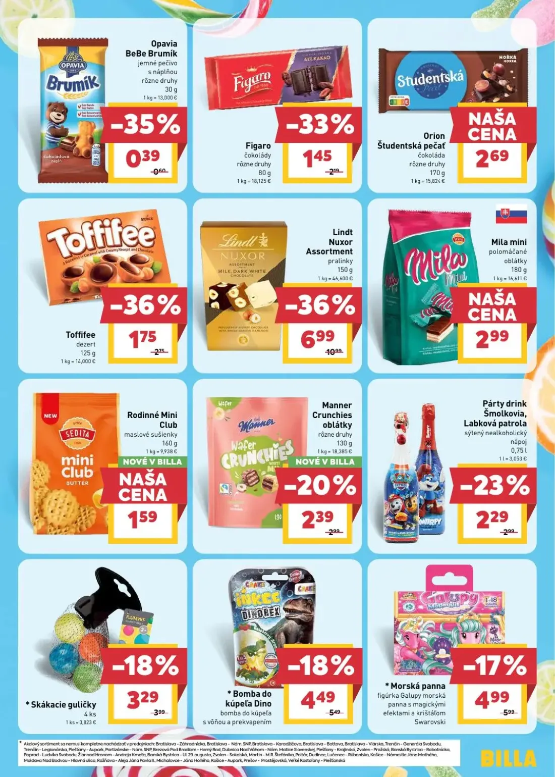 Billa leták, strana 17 z 29 — Bomba do kúpeľa Dino, Morská panna figúrka Galupy, Párty drink Šmolkovia, Labková patrola sýte…