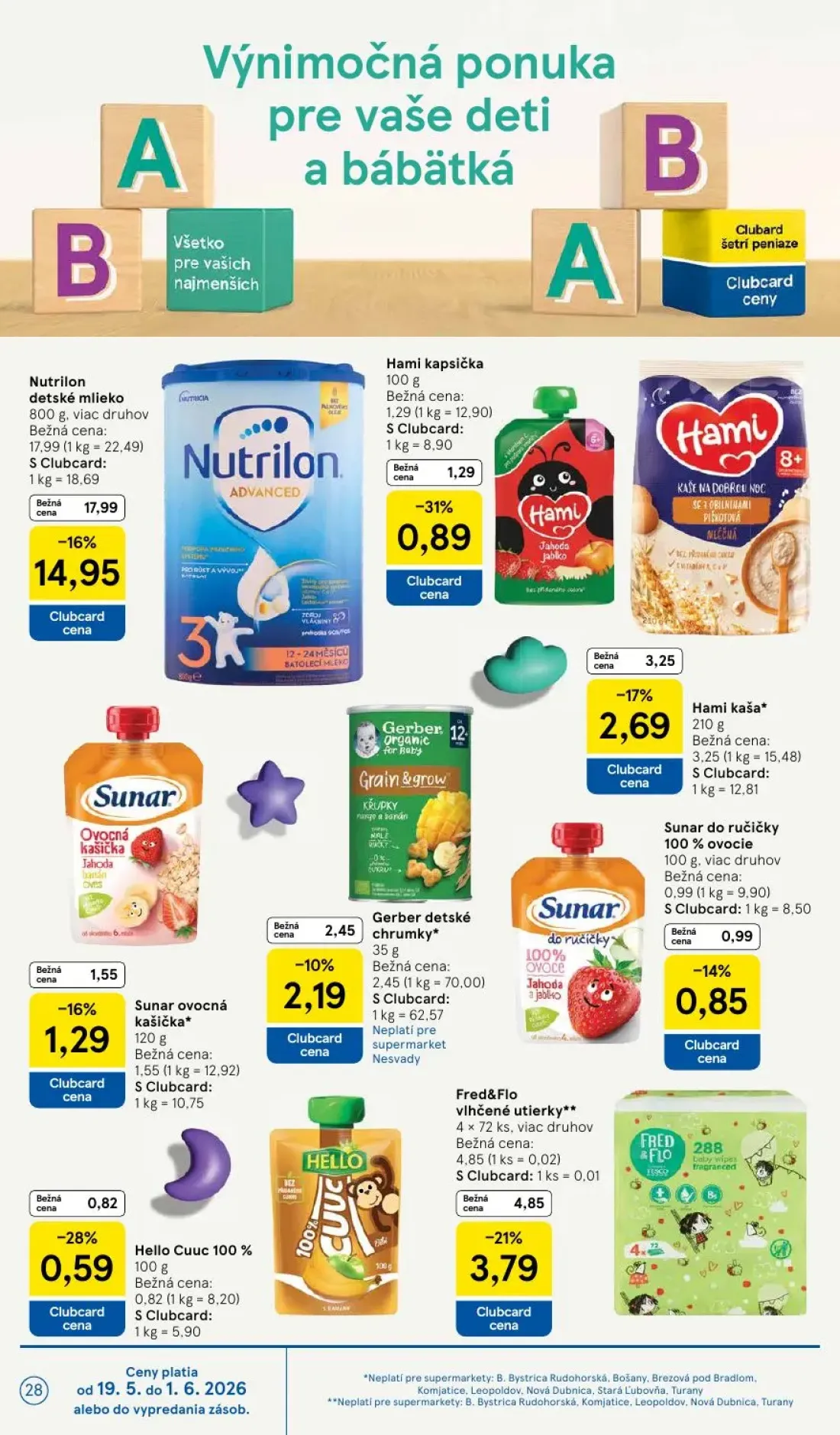 Tesco Supermarket leták, strana 28 z 30 — Nutrilon detské mlieko, Fred&Flo vlhčené utierky**, Hami kaša*