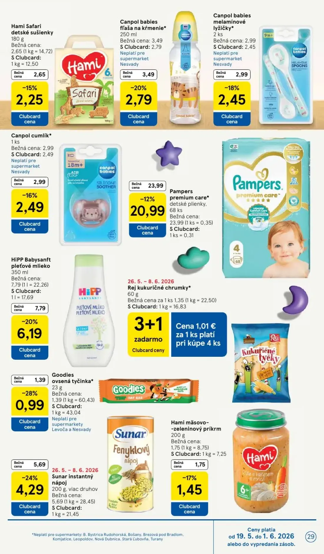 Tesco Supermarket leták, strana 29 z 30 — Pampers premium care* detské plienky, HiPP Babysanft pleťové mlieko, Sunar instant…