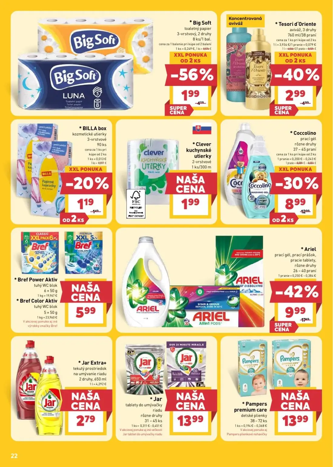 Billa leták, strana 22 z 29 — Ariel prací gél, prací prášok, pracie tablety, Coccolino prací gél, Big Soft toaletný papier