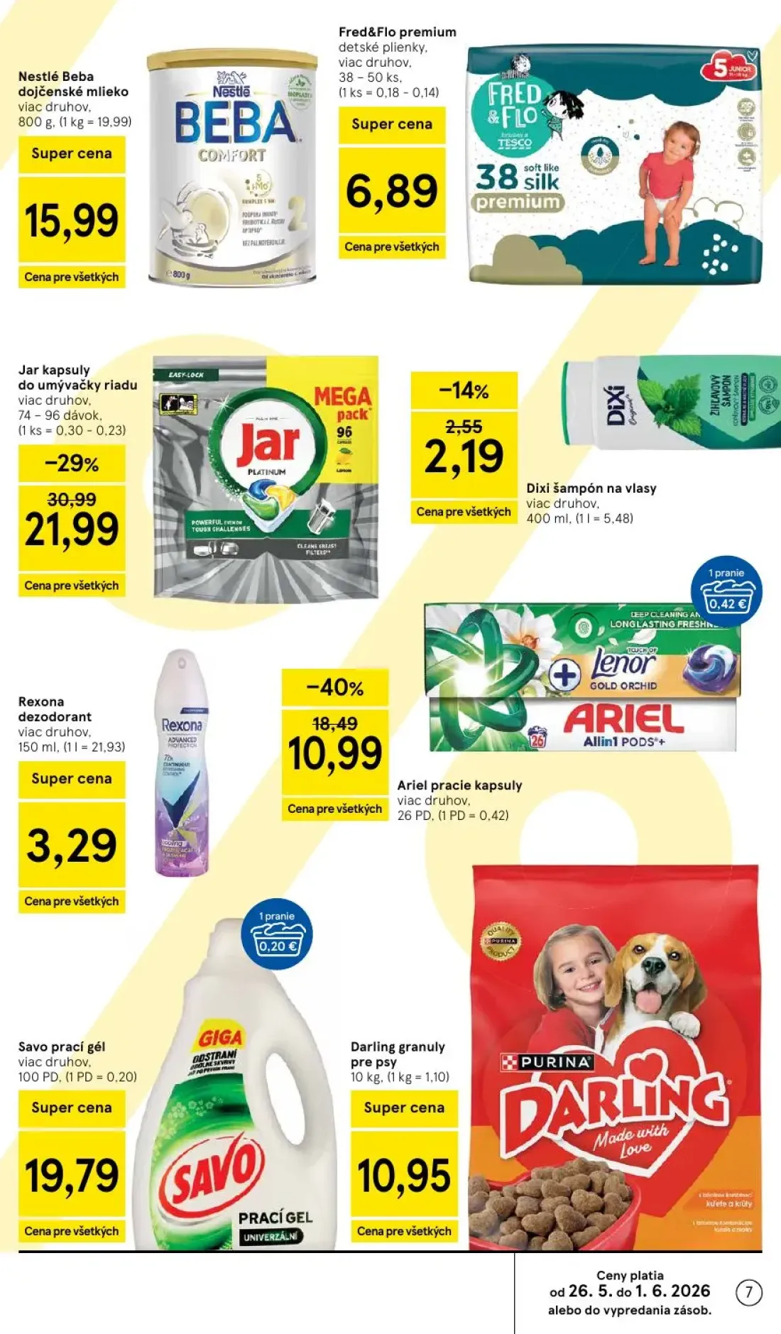 Tesco leták, strana 7 z 45 — Jar kapsuly do umývačky riadu, Rexona dezodorant, Dixi šampón na vlasy