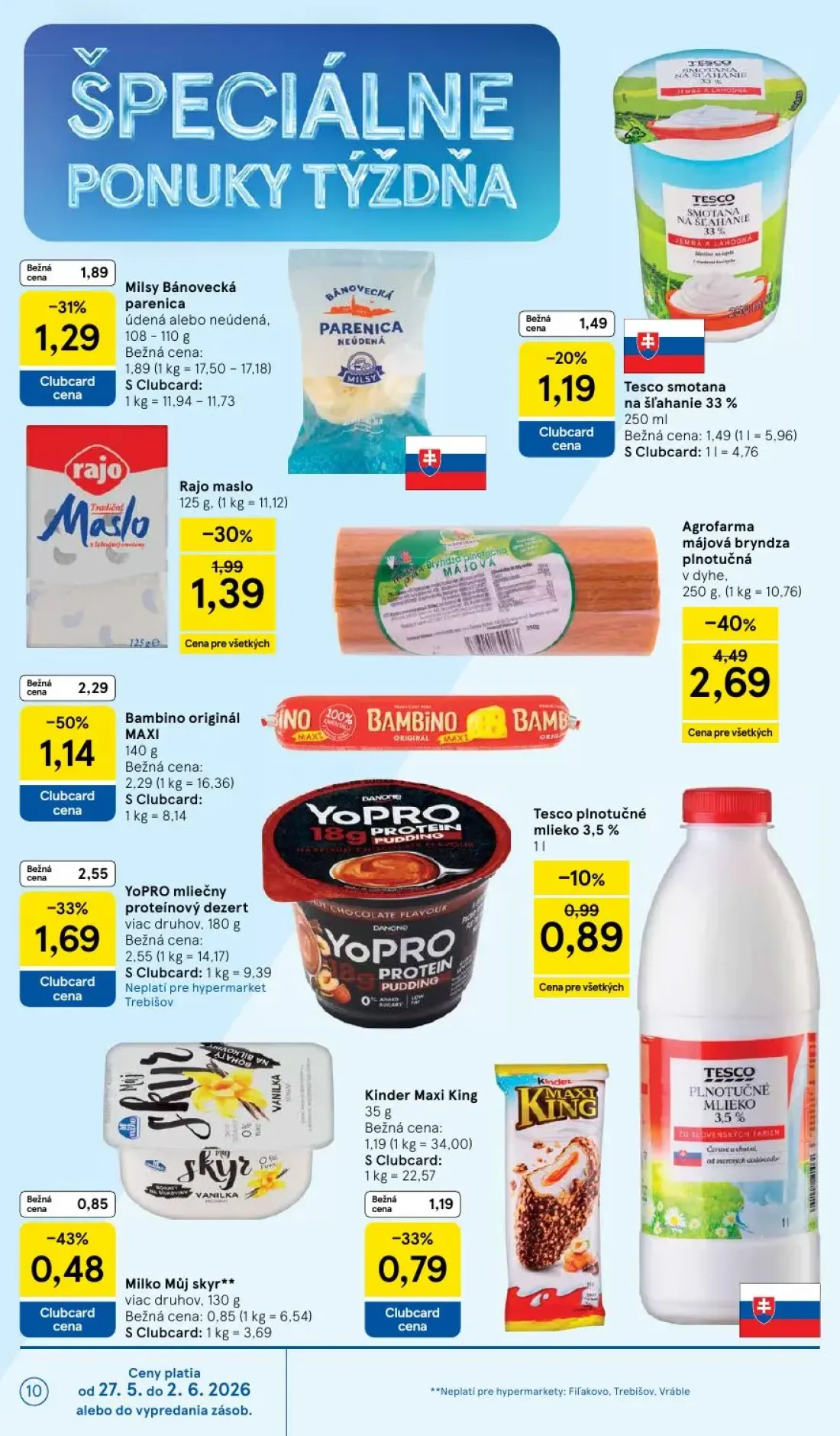 Tesco leták, strana 10 z 45 — Agrofarma májová bryndza plnotučná, Bambino originál MAXI, Milsy Bánovecká parenica