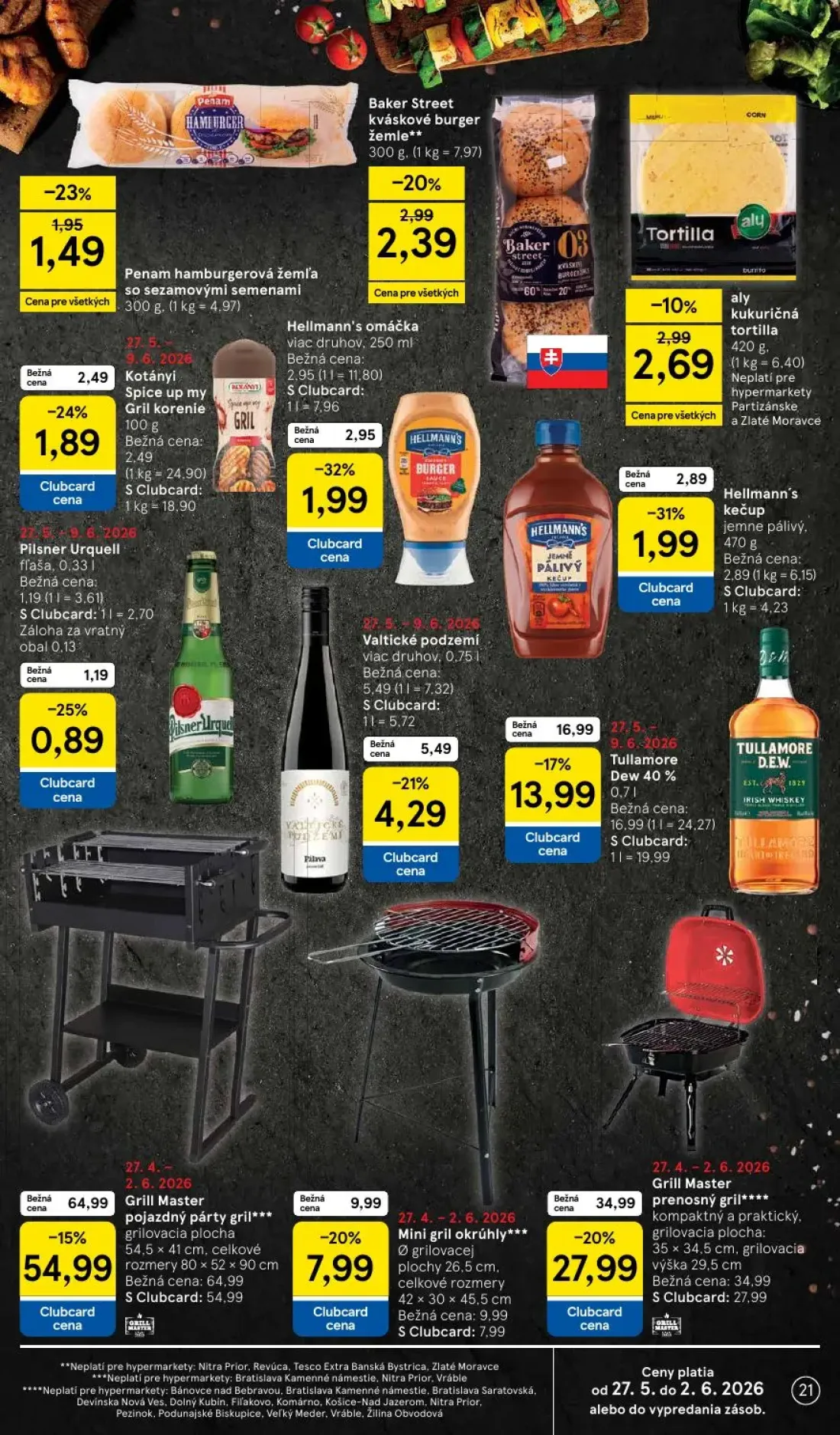 Tesco leták, strana 21 z 45 — Grill Master pojazdný párty gril, Hellmann's omáčka viac druhov, Hellmann's kečup jemne pálivý