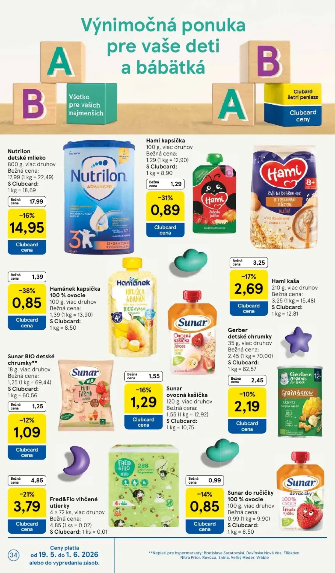 Tesco leták, strana 34 z 45 — Nutrilon detské mlieko, Fred&Flo vlhčené utierky, Hamánek kapsička 100% ovocie