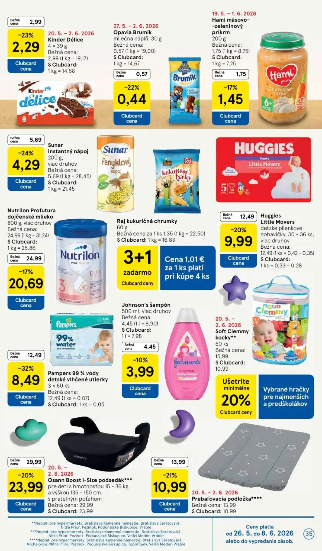 Tesco leták, strana 35 z 45 — Nutrilon Profutura dojčenské mlieko, Pampers 99% vody detské vlhčené utierky, Hami mäsovo-zele…