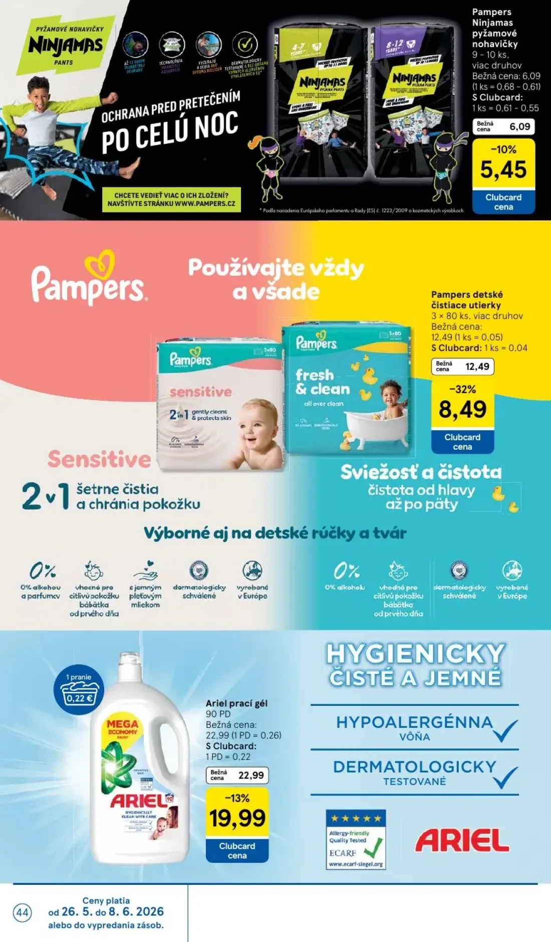 Tesco leták, strana 44 z 45 — Pampers detské čistiace utierky, Pampers Ninjamas pyžamové nohavičky
