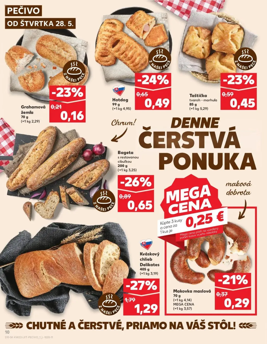 Kaufland leták, strana 10 z 72 — Kváskový chlieb Delikates, Bageta s restovanou cibuľkou, Hotdog