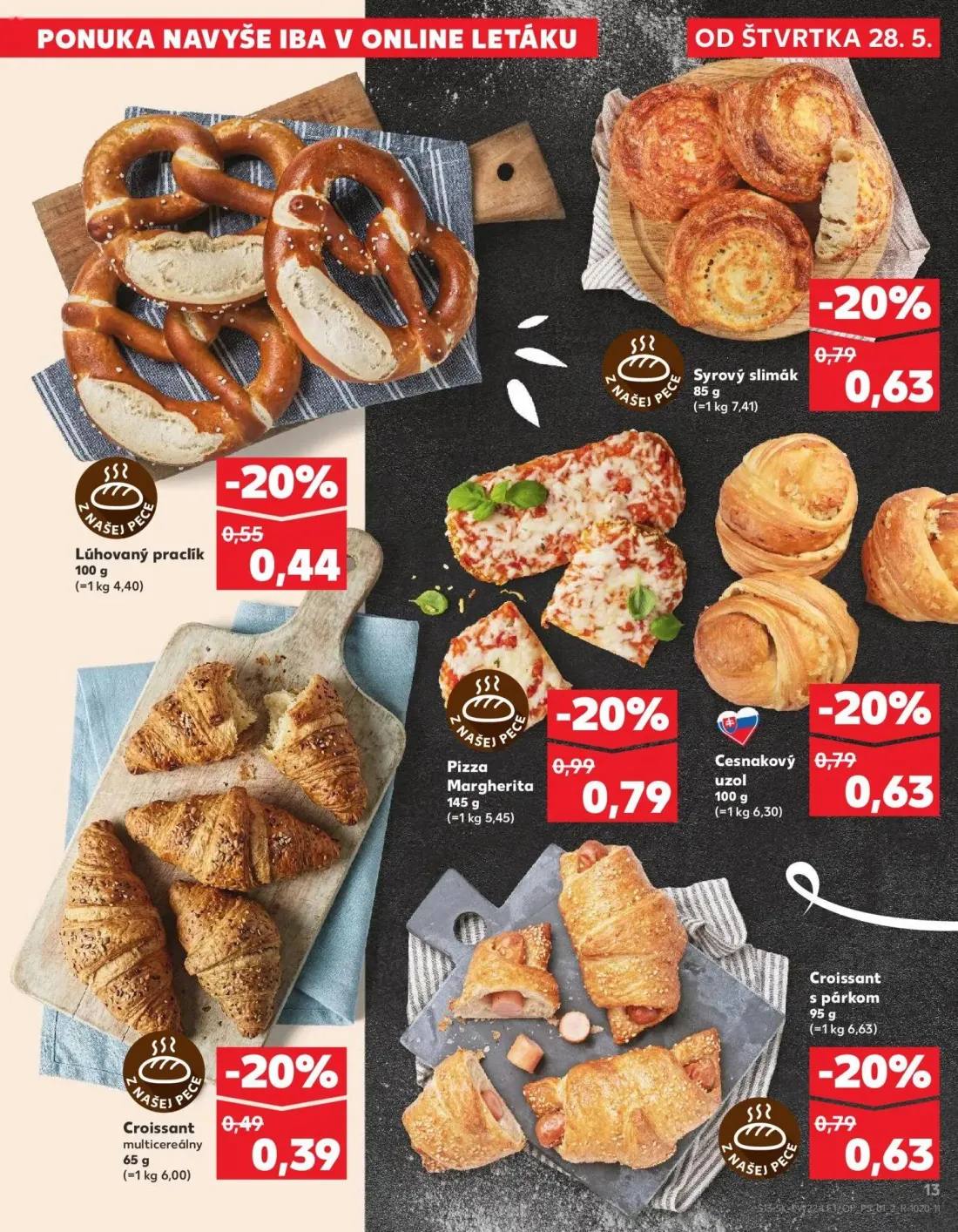 Kaufland leták, strana 13 z 72 — Pizza Margherita, Syrový slimák, Cesnakový uzol