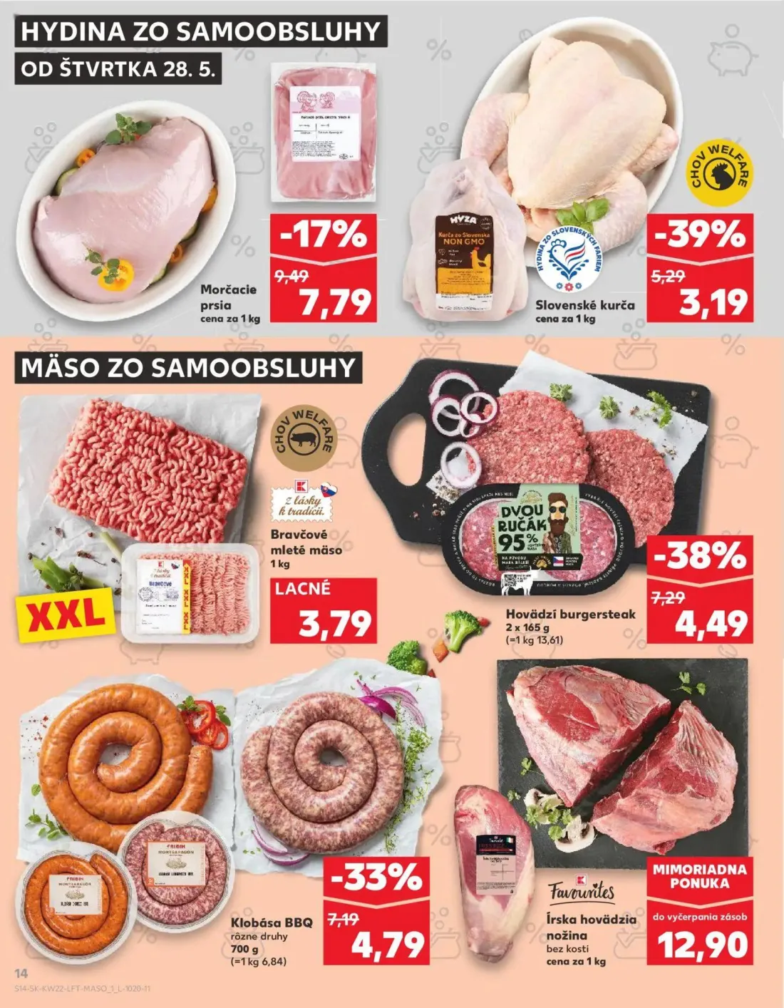 Kaufland leták, strana 14 z 72 — Hovädzí burgersteak, Klobása BBQ, Slovenské kurča