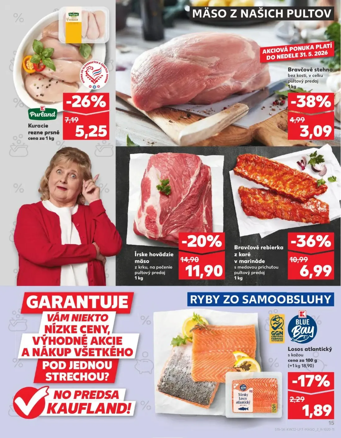 Kaufland leták, strana 15 z 72 — Kuracie rezne prsné, Bravčové stehno bez kosti, Losos atlantický s kožou