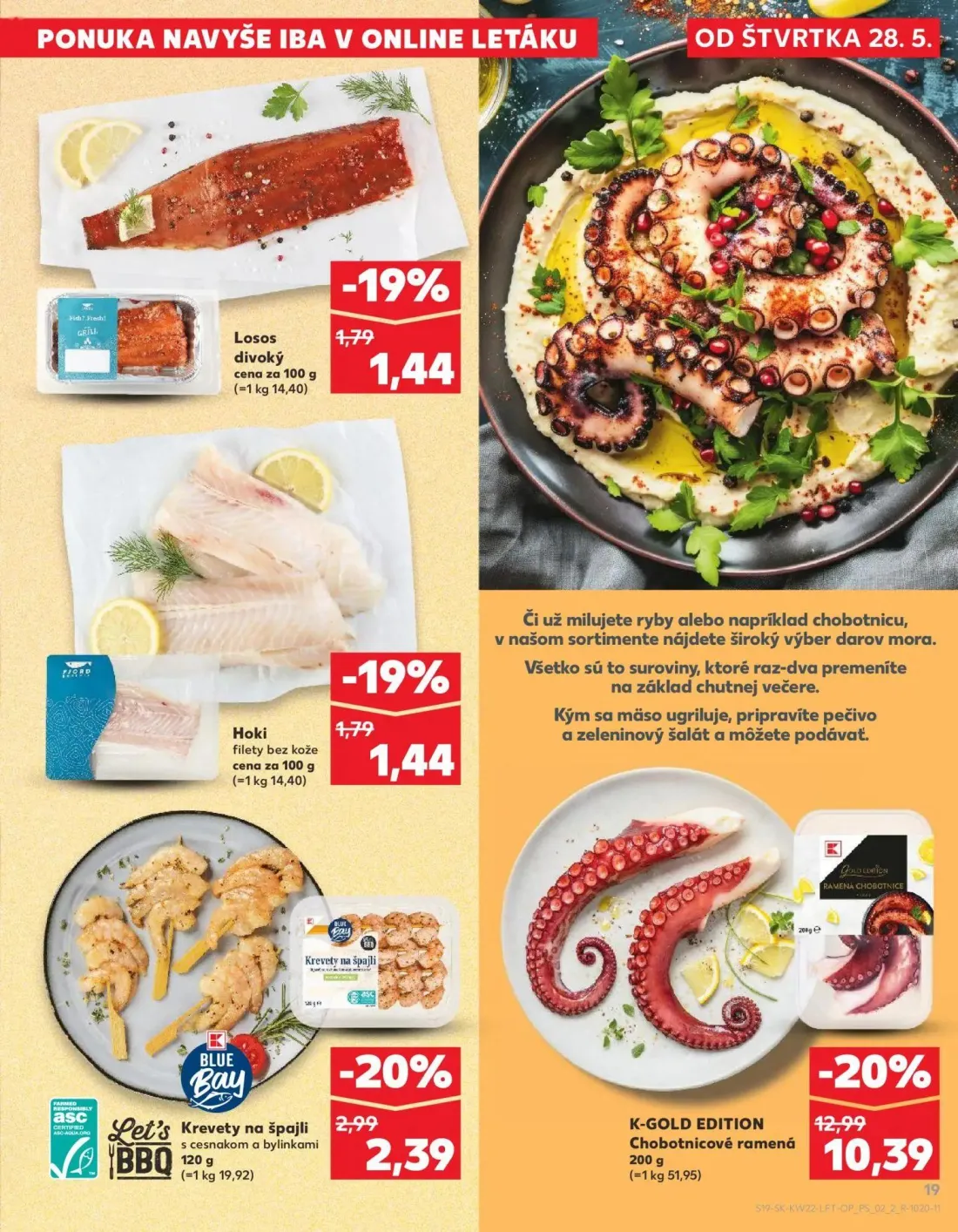 Kaufland leták, strana 19 z 72 — Chobotnicové ramená, Krevety na špajli s cesnakom a bylinkami, Losos divoký