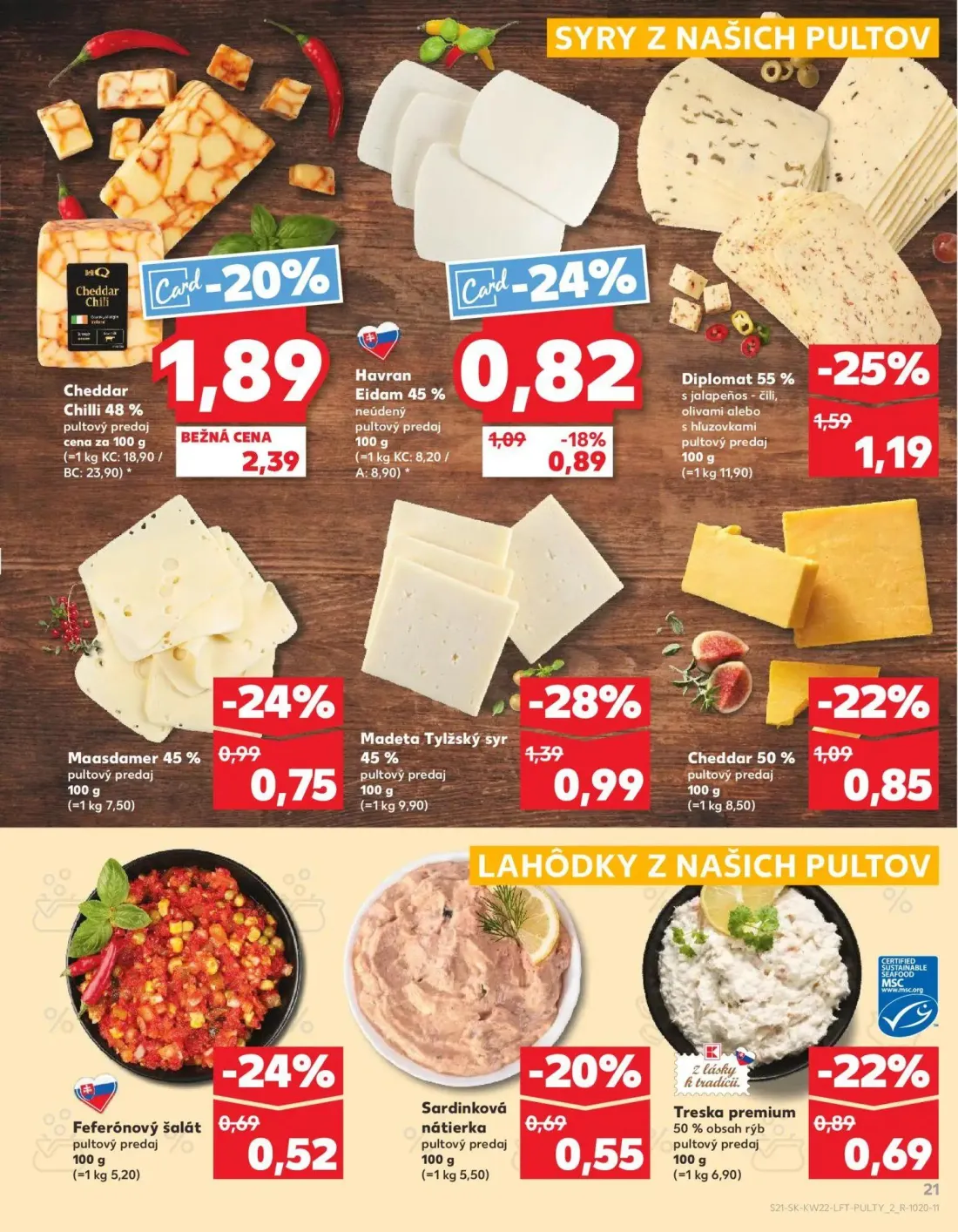Kaufland leták, strana 21 z 72 — Cheddar Chilli 48%, Diplomat 55%, Madeta Tylžský syr 45%