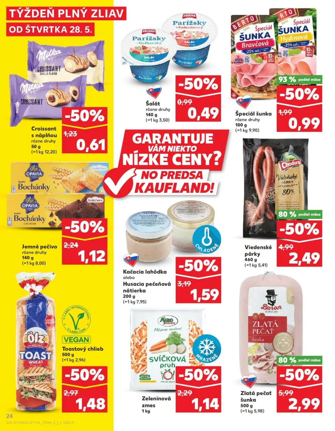 Kaufland leták, strana 24 z 72 — Kačacia lahôdka alebo Husacia pečeňová nátierka, Toastový chlieb, Jemné pečivo