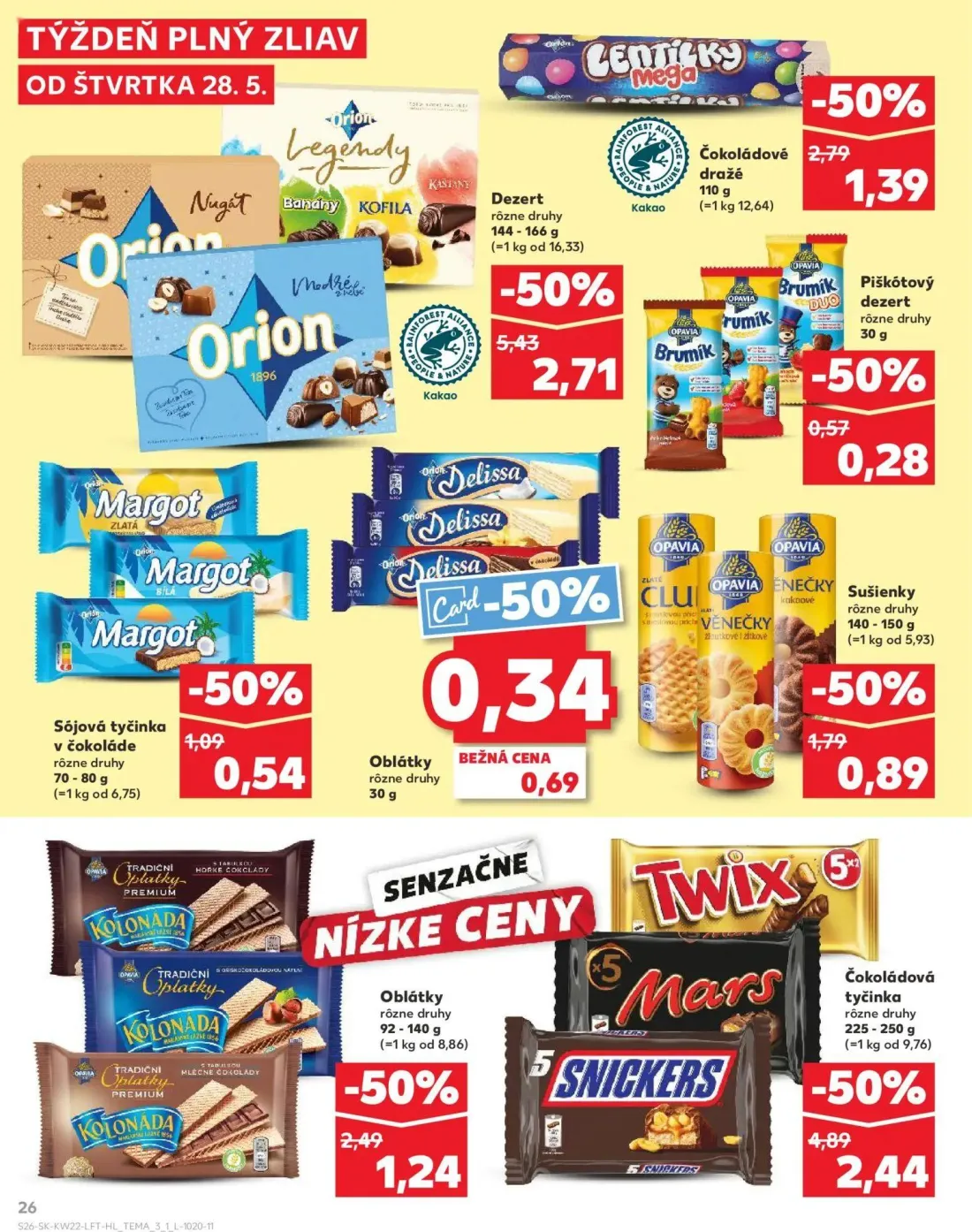Kaufland leták, strana 26 z 72 — Dezert Orion, Čokoládová tyčinka Twix, Mars, Snickers, Čokoládové dražé