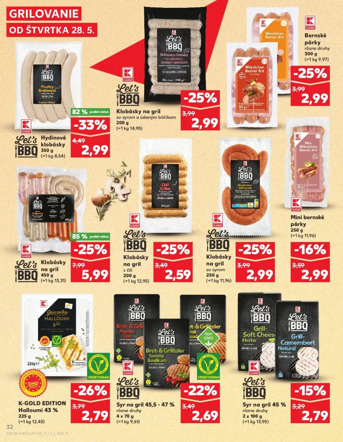 Kaufland leták, strana 32 z 72 — Klobásky na gril, Hydinové klobásky, Klobásky na gril so syrom a údeným bôčikom