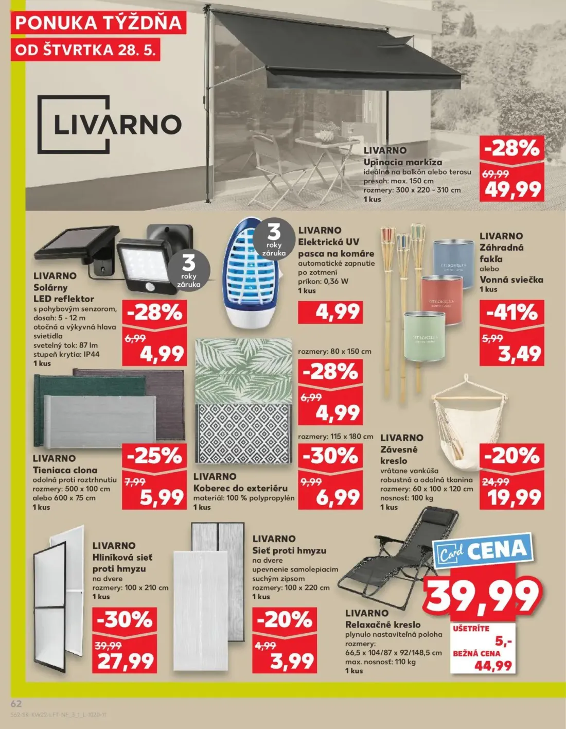 Kaufland leták, strana 62 z 72 — Upínacia markíza, Hliníková sieť proti hmyzu, Závesné kreslo