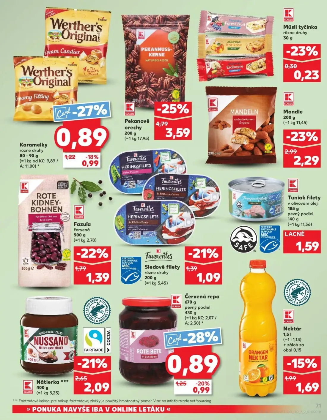 Kaufland leták, strana 71 z 72 — Werther's Original Cream Candies, Sledové filety rôzne druhy, Müsli tyčinka rôzne druhy