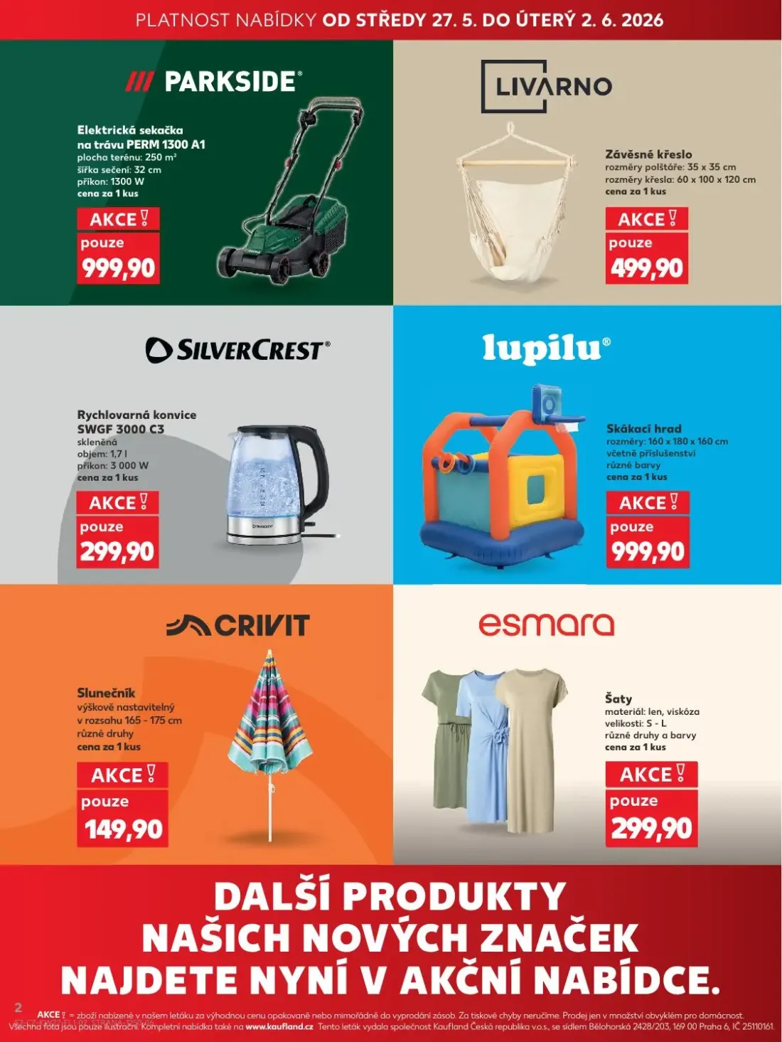 Kaufland leták, strana 2 z 2 — Elektrická sekačka na trávu PERM 1300 A1, Závěsné křeslo, Rychlovarná konvice SWGF 3000 C3