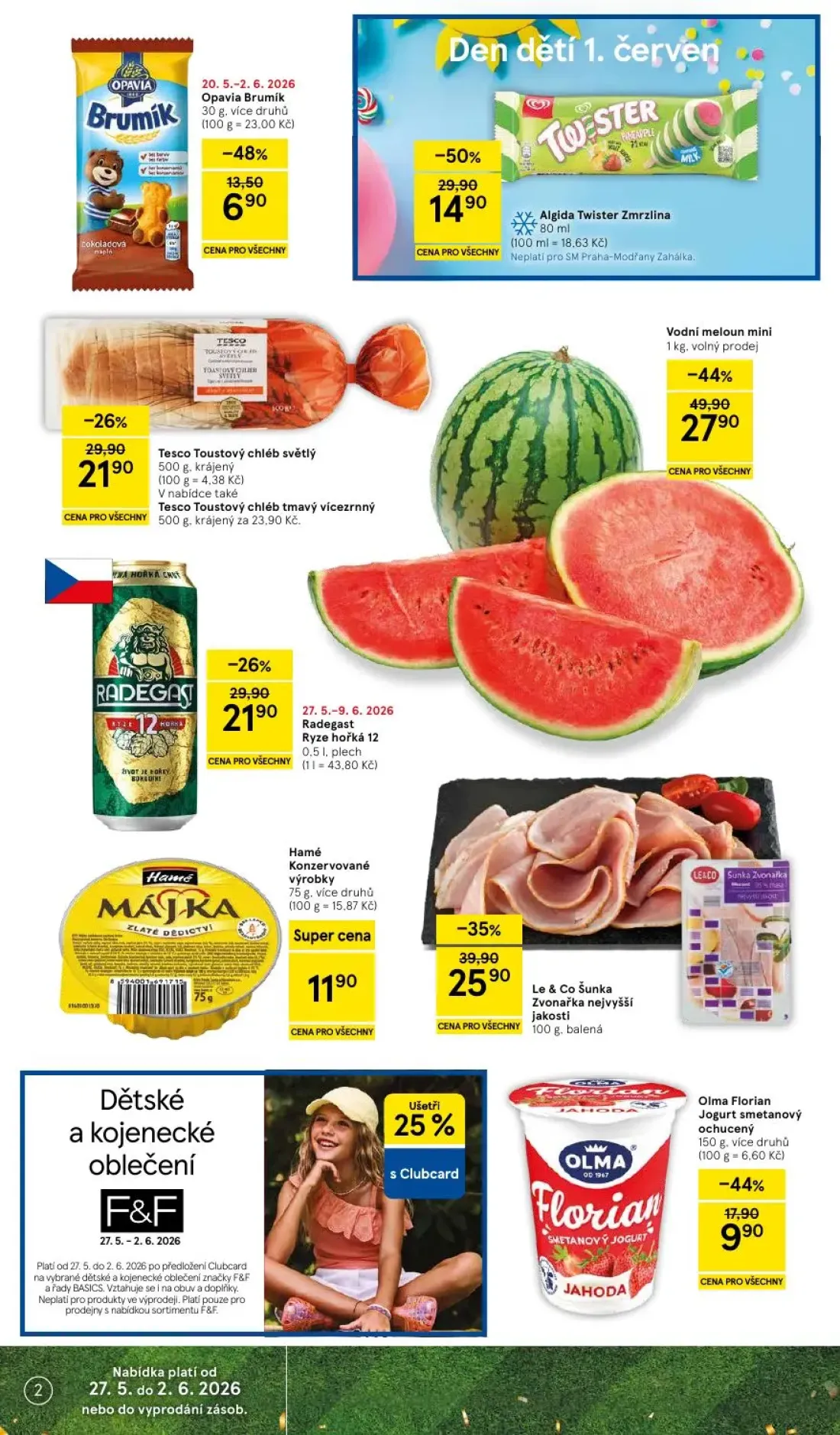 Tesco Supermarket leták, strana 2 z 10 — Algida Twister Zmrzlina, Tesco Toustový chléb světlý, Radegast Ryze hořká 12