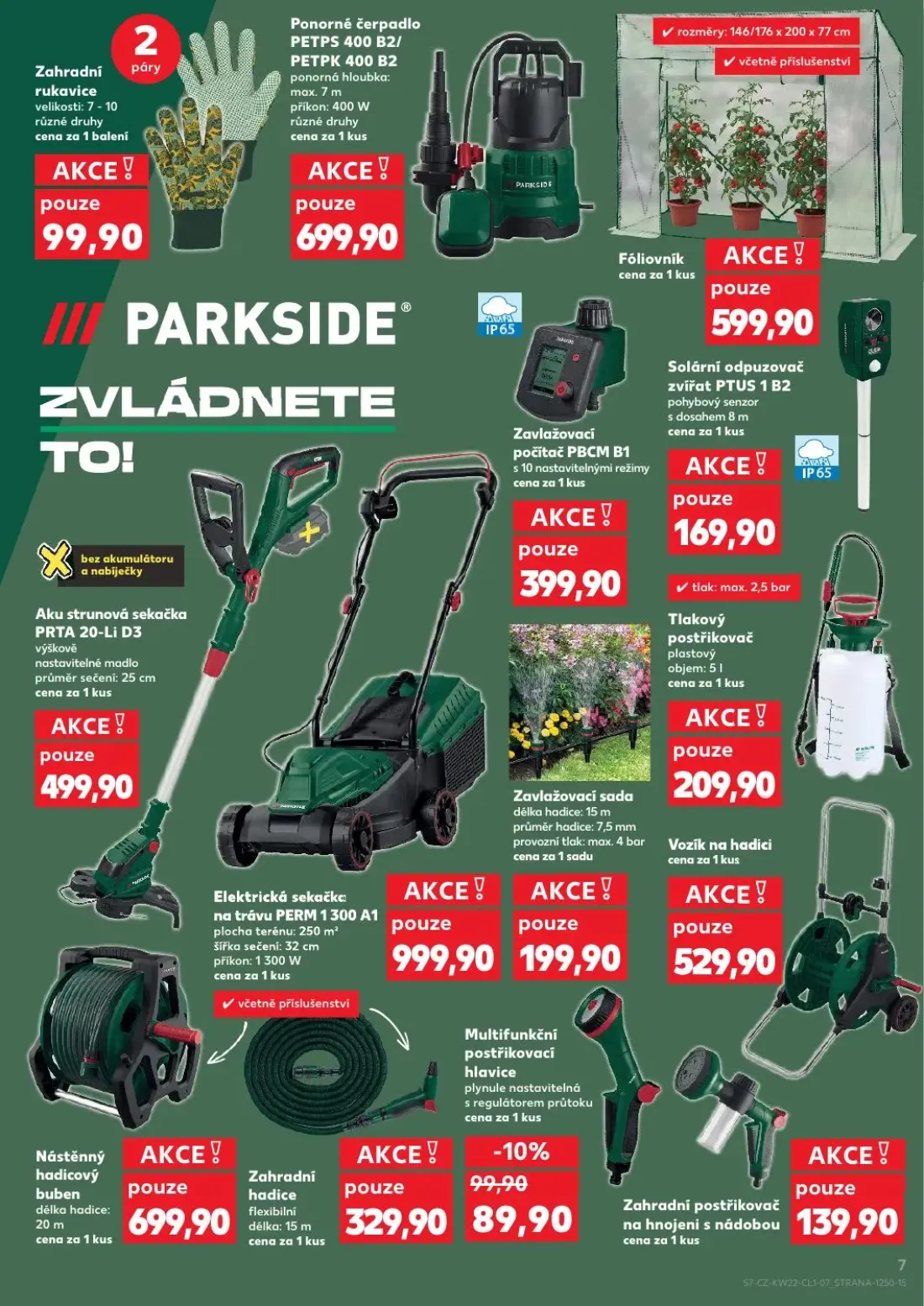 Kaufland leták, strana 7 z 10 — Aku strunová sekačka PRTA 20-Li D3, Elektrická sekačka na trávu PERM 1300 A1