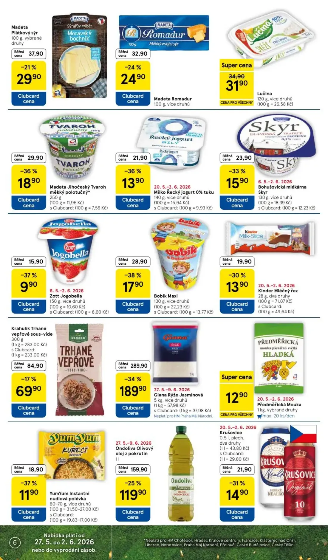 Tesco leták, strana 6 z 37 — Madeta Jihočeský Tvaroh měkký polotučný, Zott Jogobella