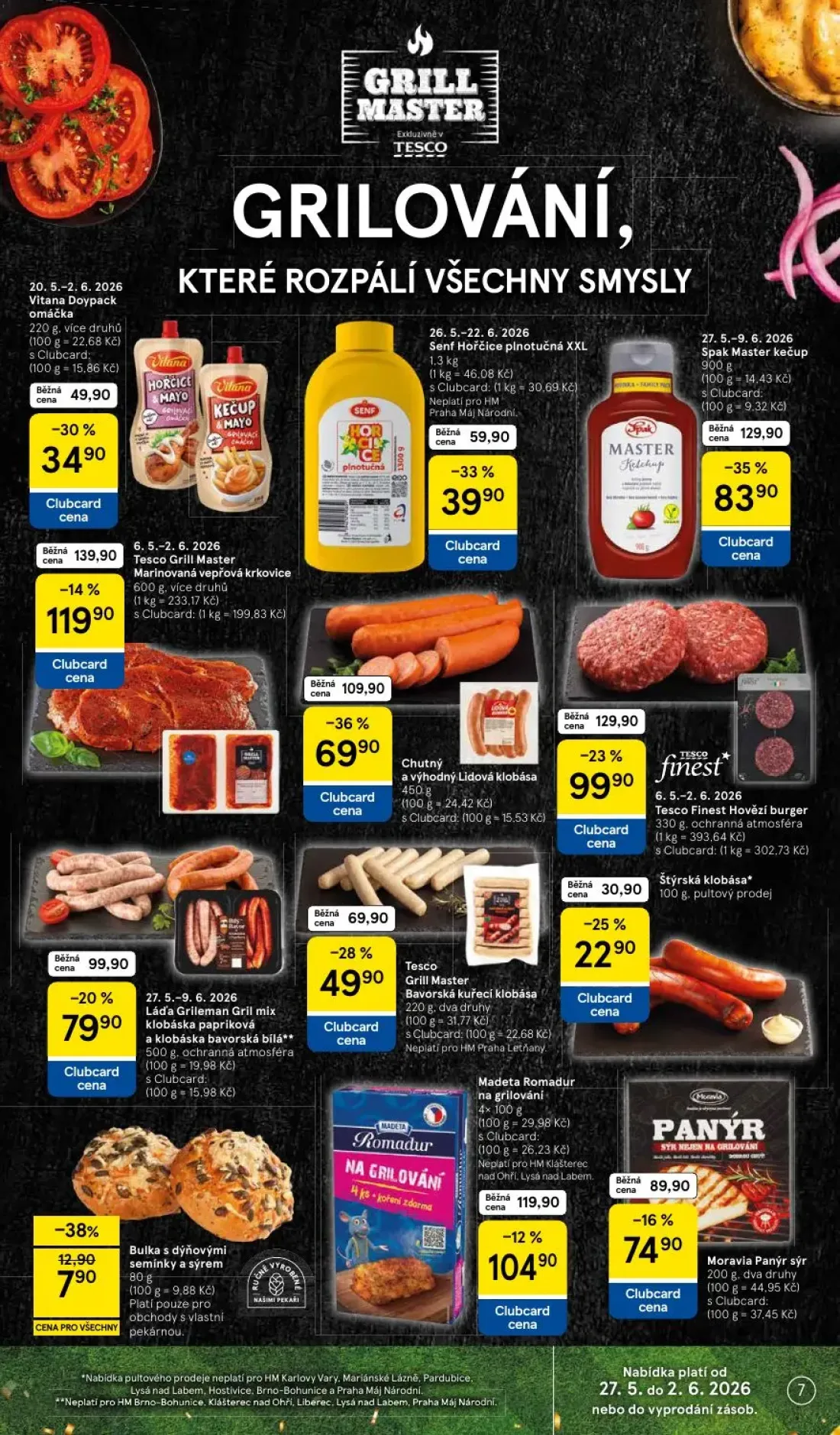 Tesco leták, strana 7 z 37 — Spak Master kečup, Tesco Finest Hovězí burger, Senf Hořčice plnotučná XXL