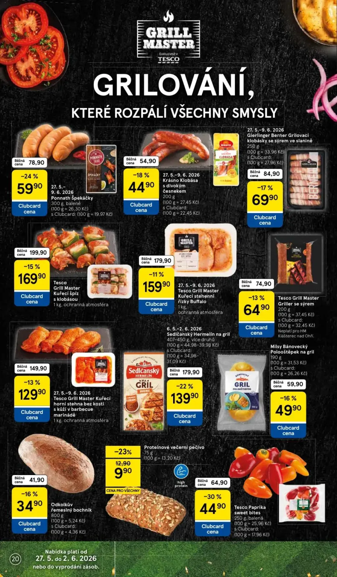 Tesco leták, strana 20 z 37 — Sedlčanský Hermelín na gril, Gierlinger Berner Grilovací klobásky se sýrem ve slanině, Krásno …